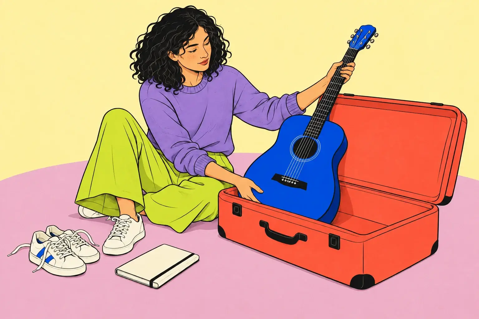Illustration of a woman lifting a blue guitar from a coral suitcase, with trainers and a notebook beside her.