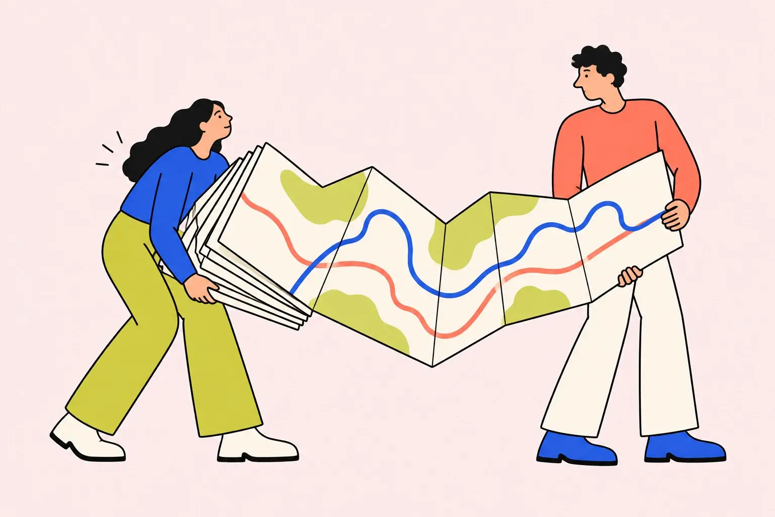 Illustration of two partners carrying an oversized map, with one supporting its heavier folded end.