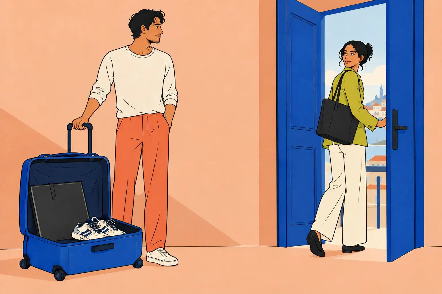 Illustration of a man beside an open suitcase as his partner steps through a blue doorway.