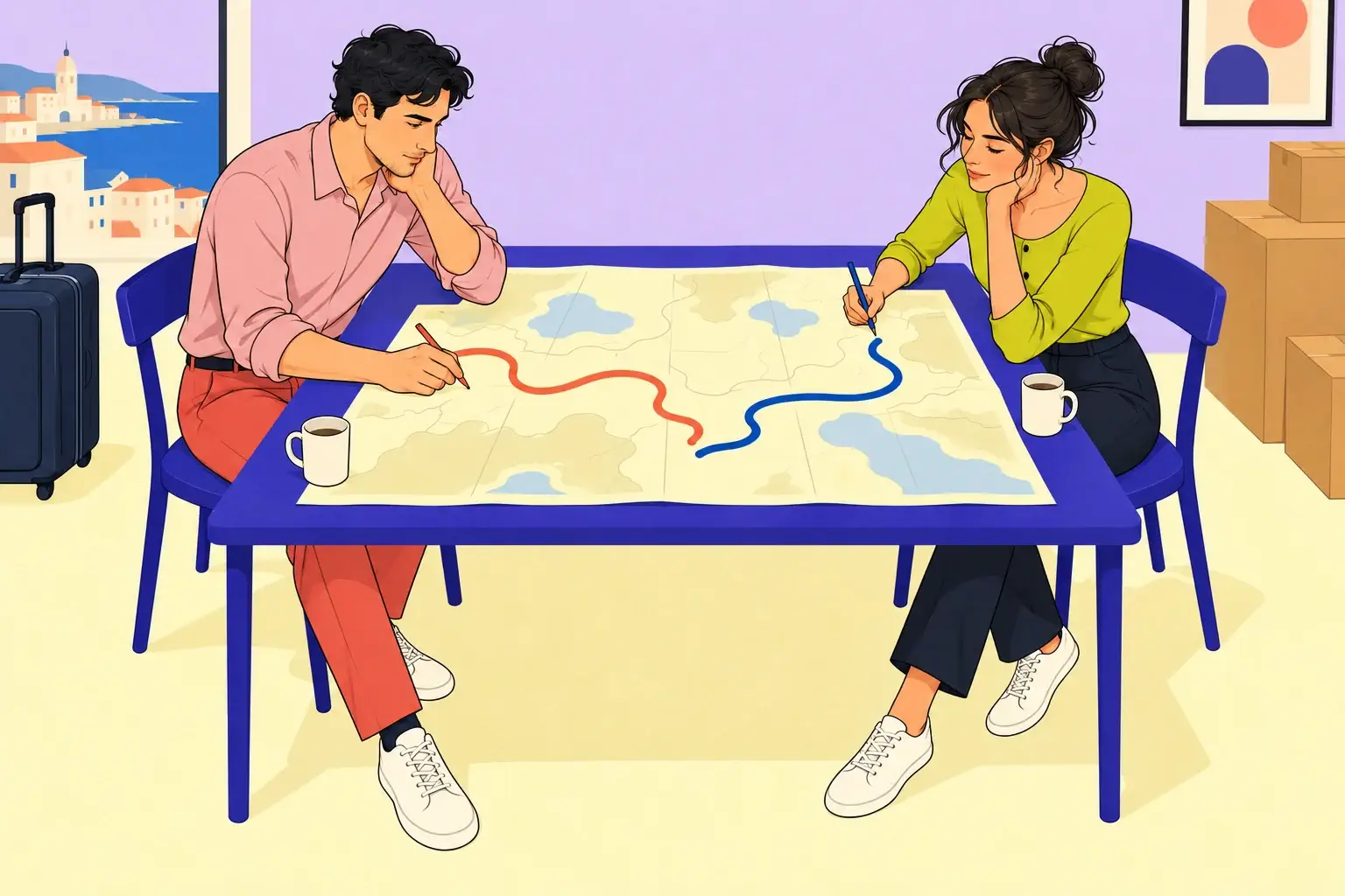 Illustration of two partners drawing separate blue and coral routes across a map on their shared table.