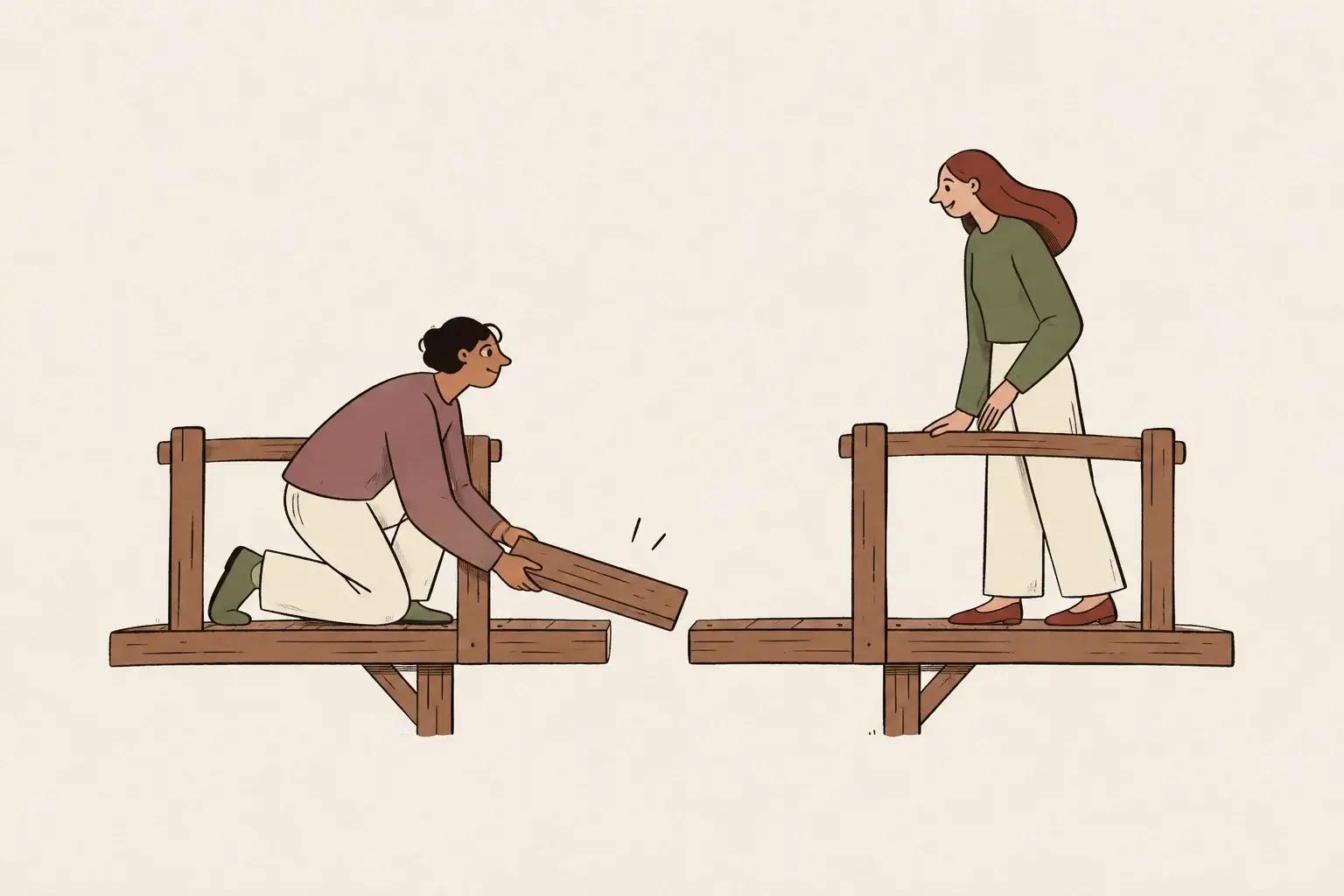 One partner replaces a missing plank in a small bridge while the other waits.