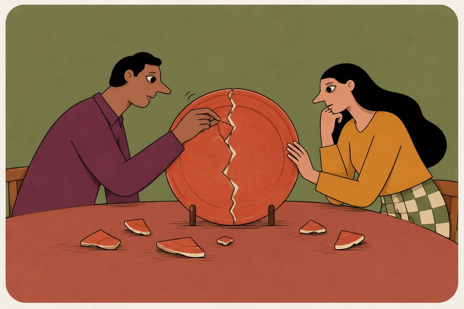 Two partners inspect and repair a large red plate with a visible crack.