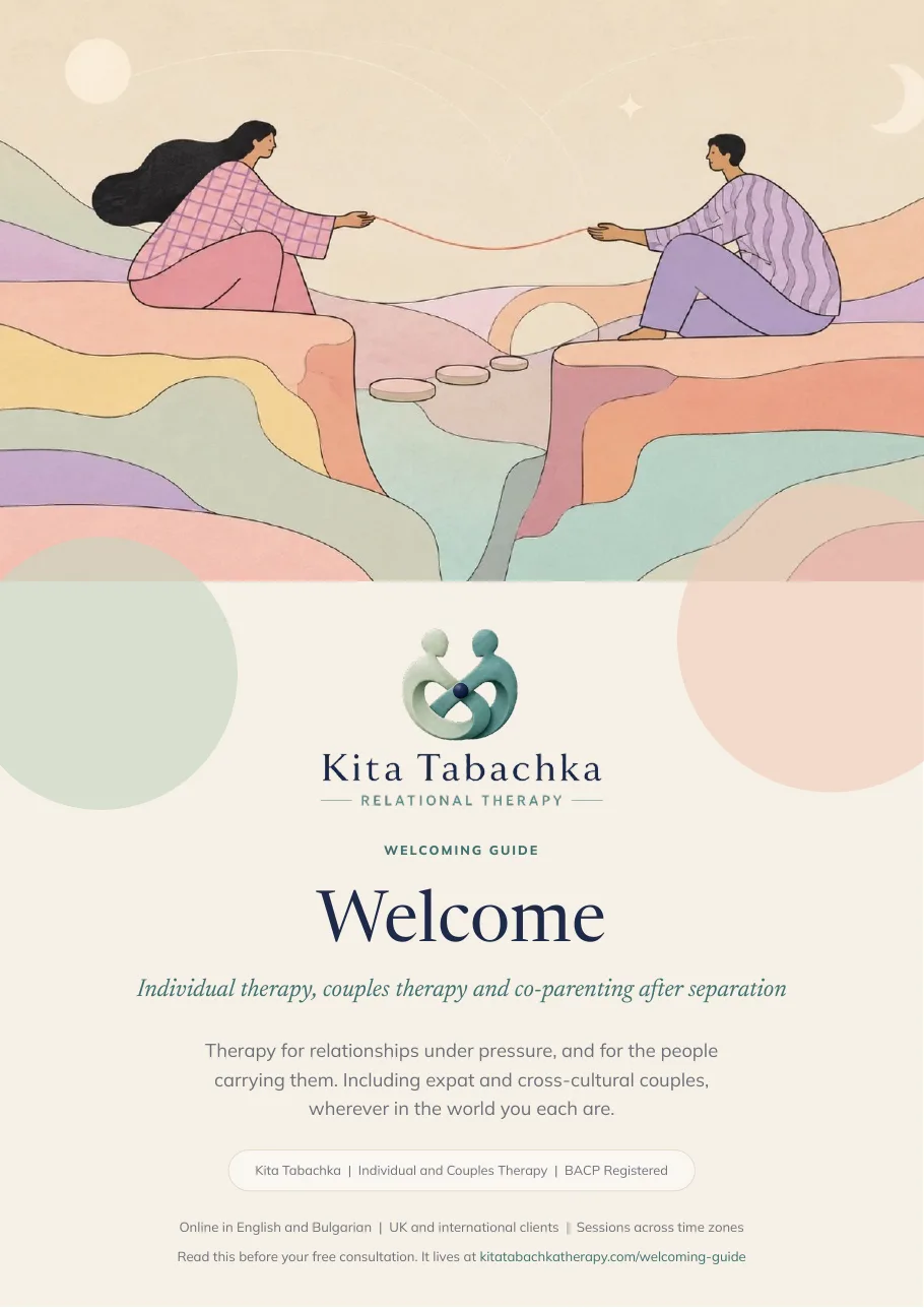 Cover of the Kita Tabachka Welcoming Guide: an illustration of two people on facing cliffs holding a red thread between them.