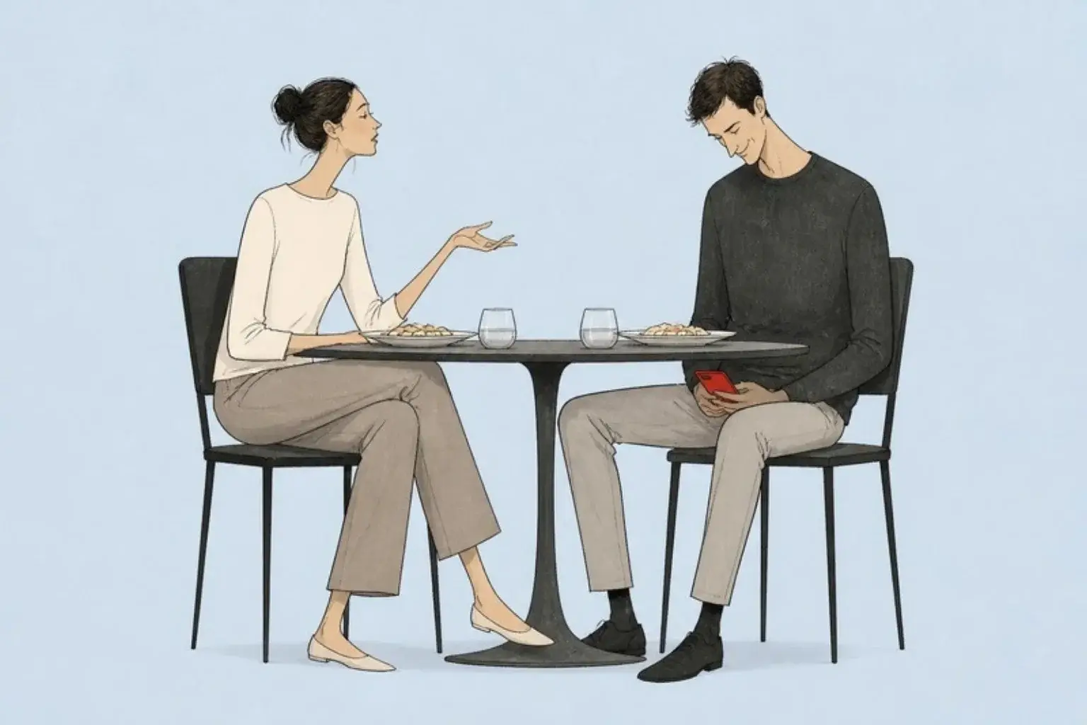 What is an emotional affair: a man smiles at a red phone under the dinner table while his partner talks
