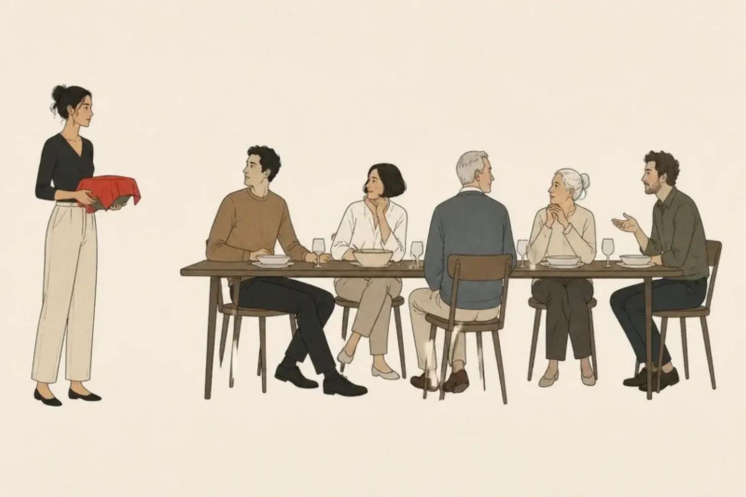 When your partner’s family does not accept you: a woman stands apart from a family table holding a dish under a red cloth
