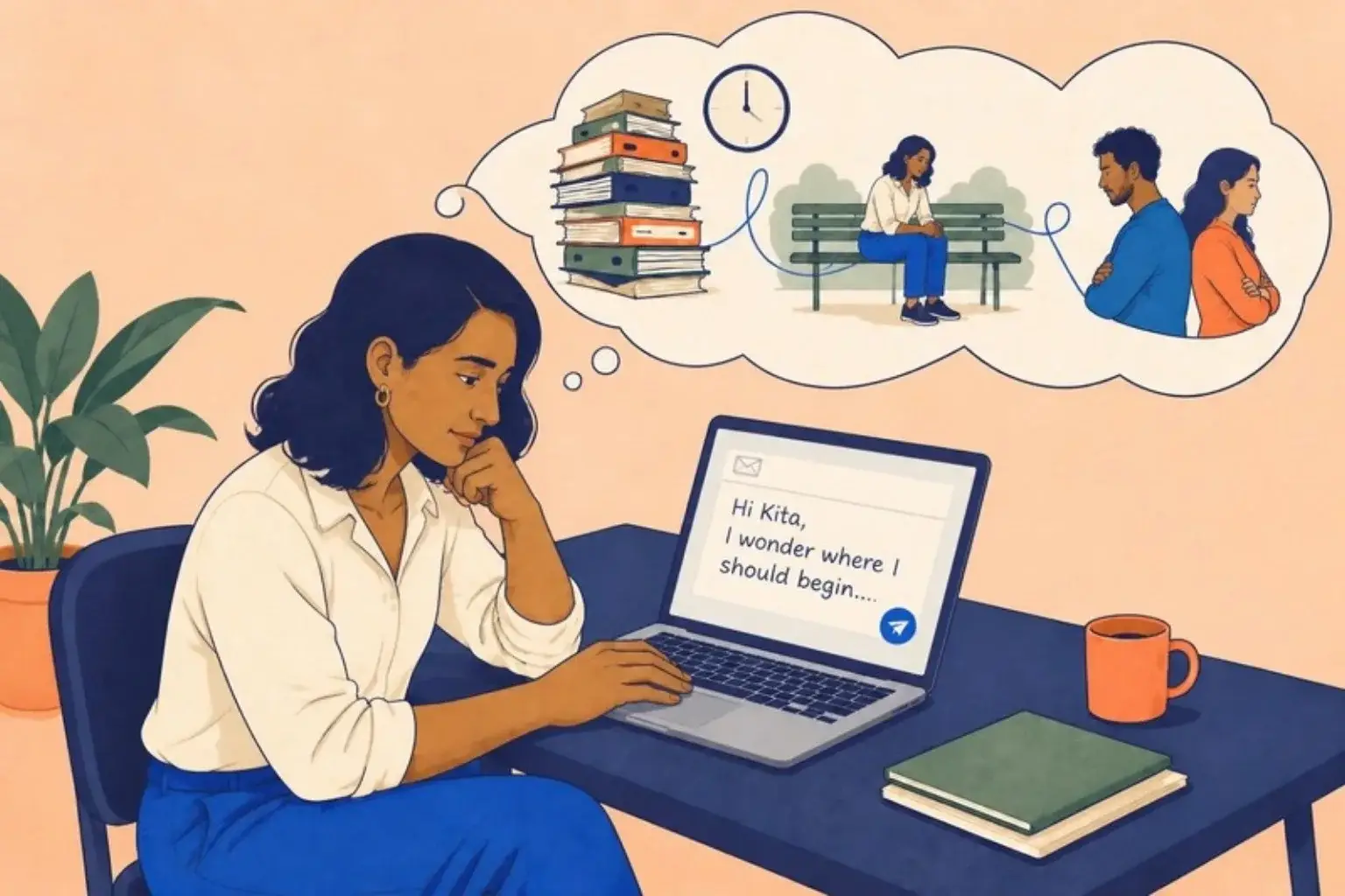 A woman writes her first message to Kita on her laptop
