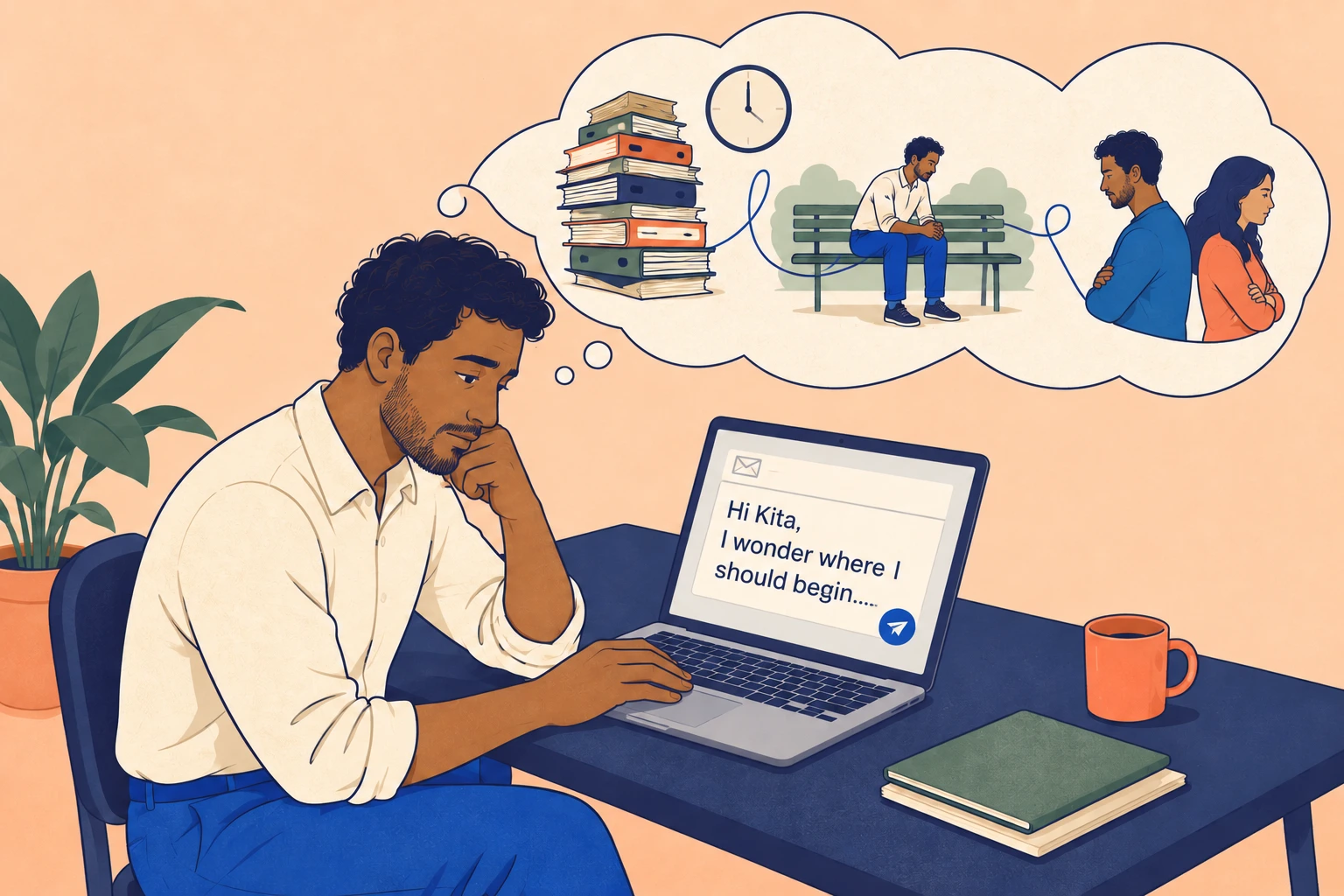 A man finding the words for an email, with work and relationship worries on his mind.