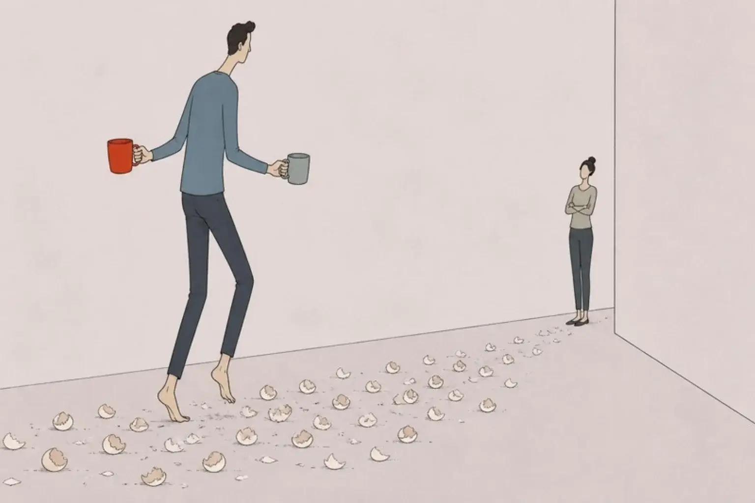 Why is my wife always angry at me: a man tiptoes across eggshells holding two mugs towards a woman with folded arms