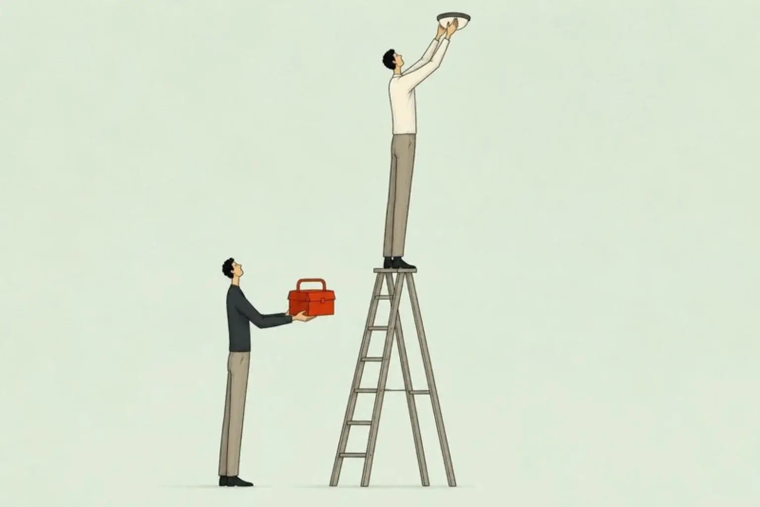 Why men do not ask for help: a man on a ladder ignores a friend holding up a red toolbox