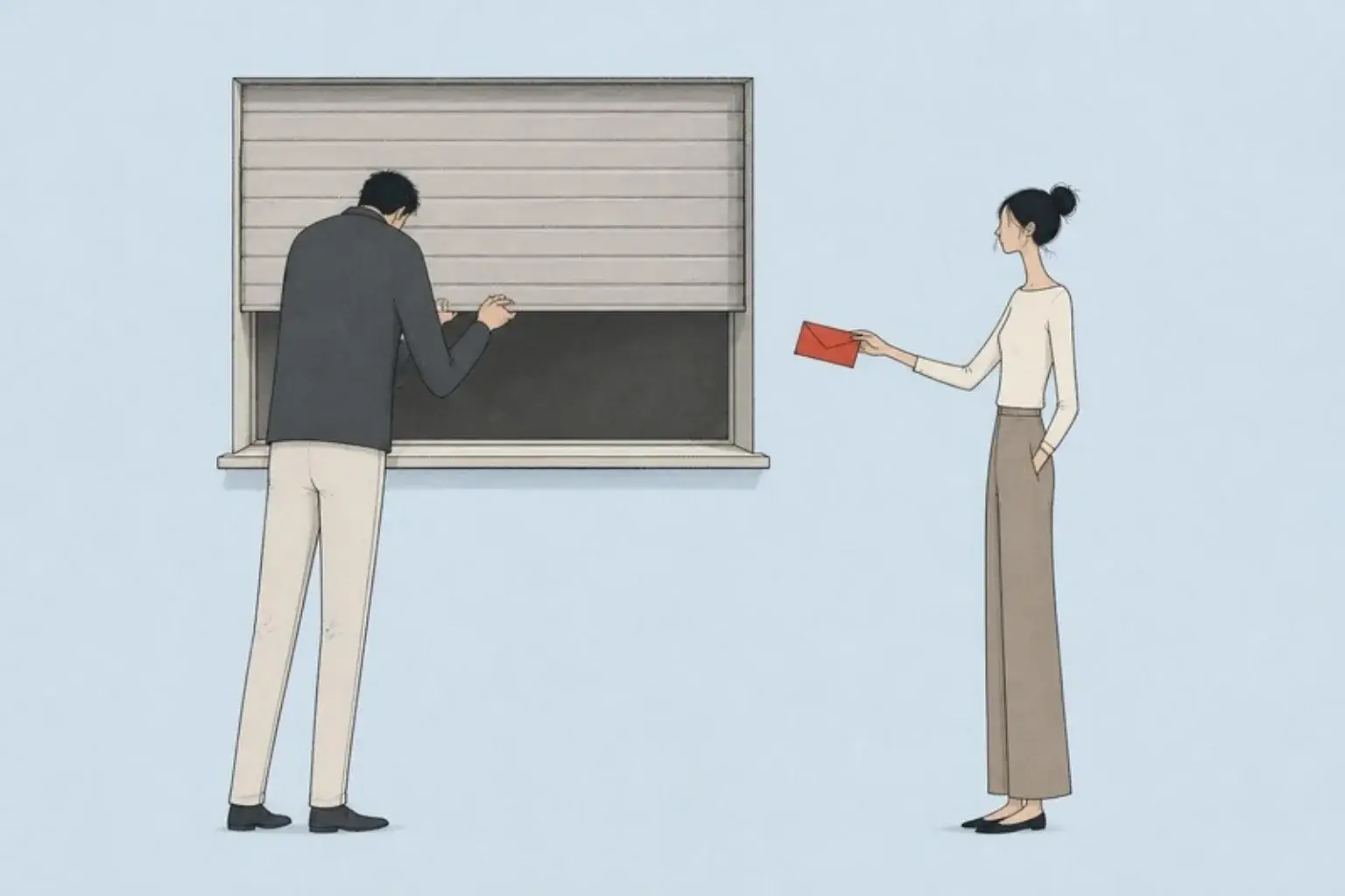 Why men shut down in arguments: a man pulls down a shutter while a woman holds out a red envelope