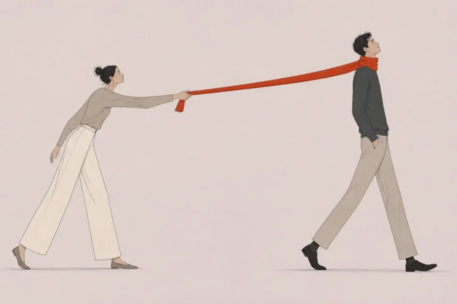 Anxious and avoidant relationship: a woman holds one end of a red scarf as a man steps backwards