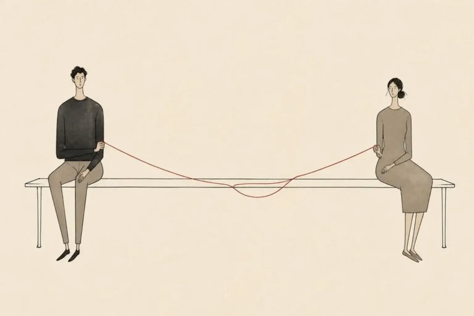 A man and a woman sit at opposite ends of a long bench, a single red thread lying slack between their hands.