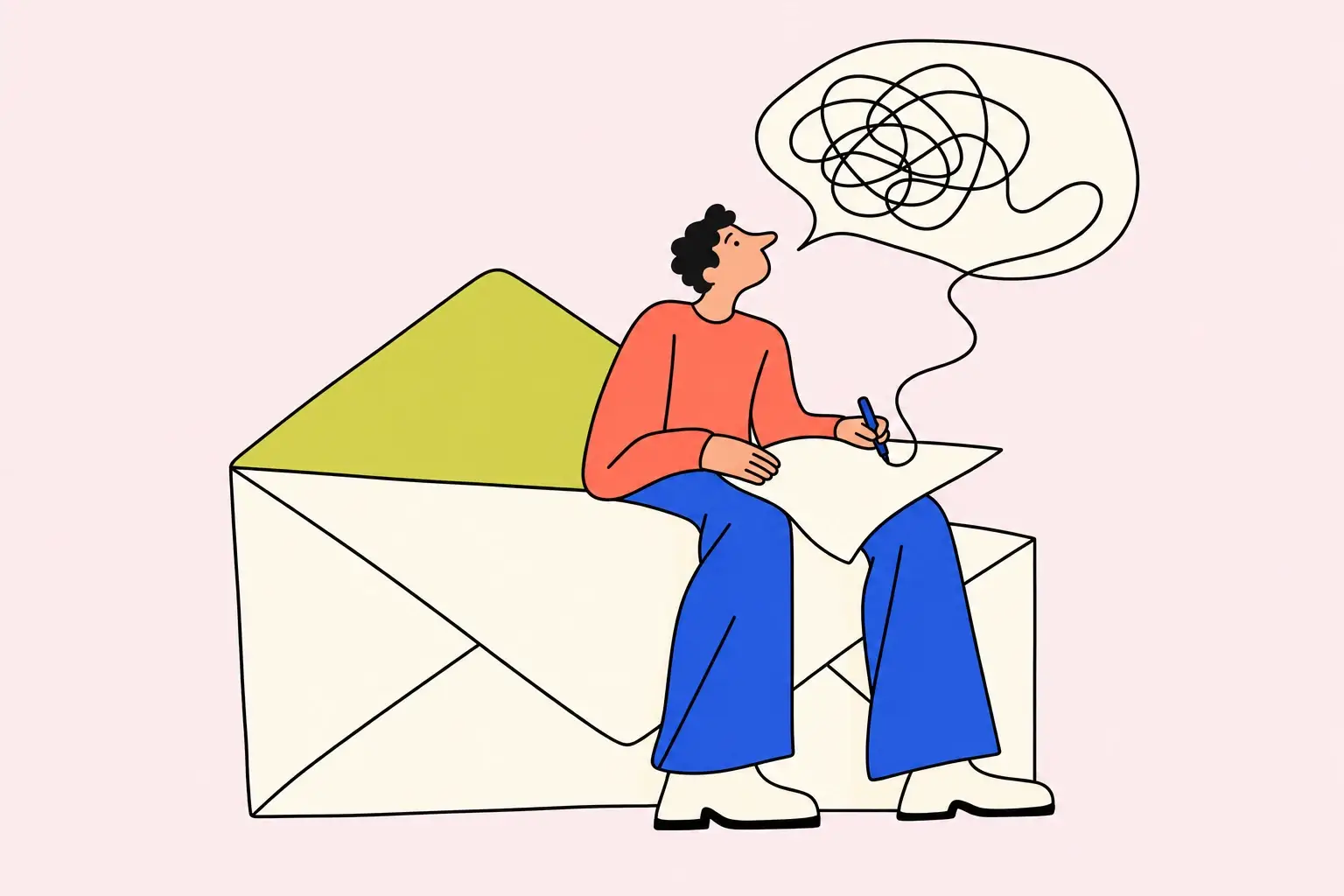 Illustration of a man sitting on an envelope and drawing a tangled thought onto a page.