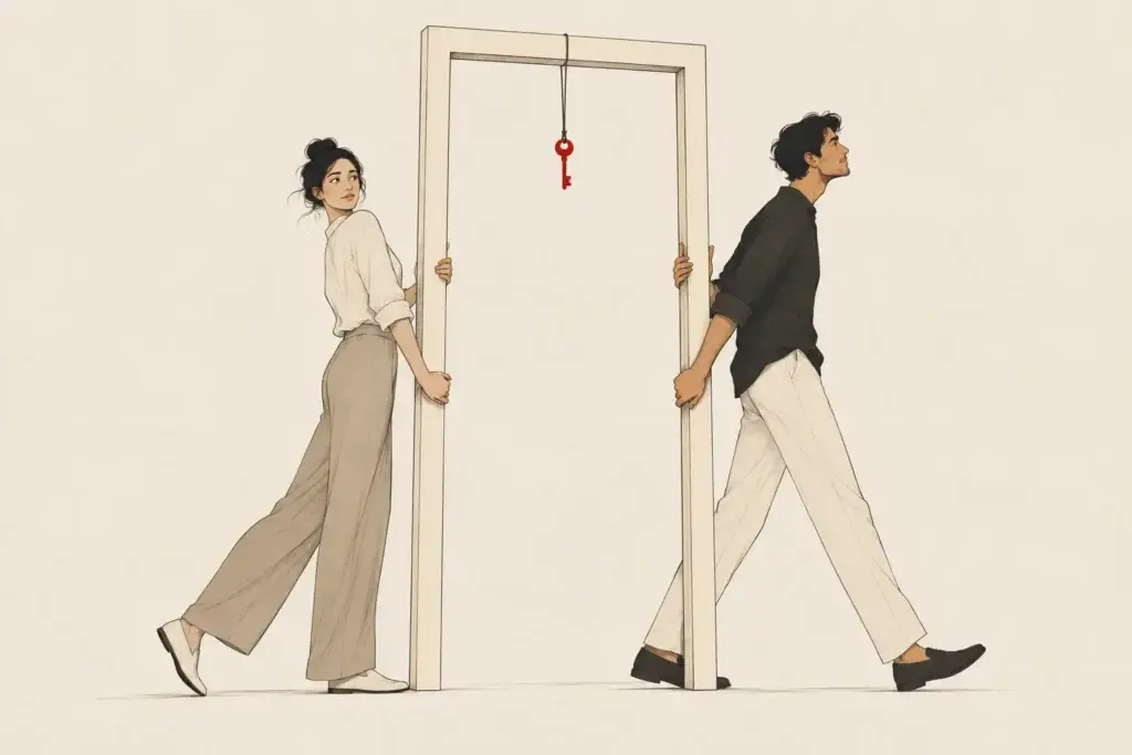 Two partners carry an empty doorway together, facing different directions, with a small red key hanging between them.