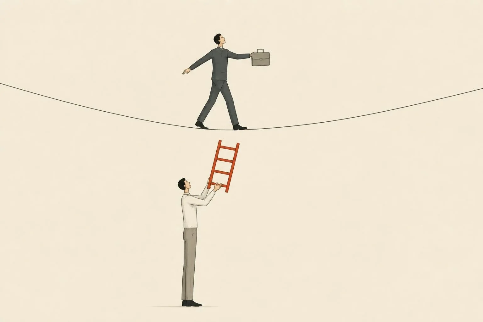 Anxiety in men over 40: a man balances on a tightrope with his briefcase while someone below offers a red ladder