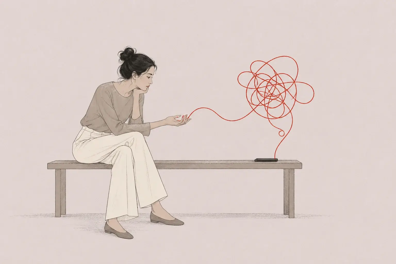 A woman sits beside a phone, with a tangled red thread illustrating anxious thoughts while waiting for a reply.