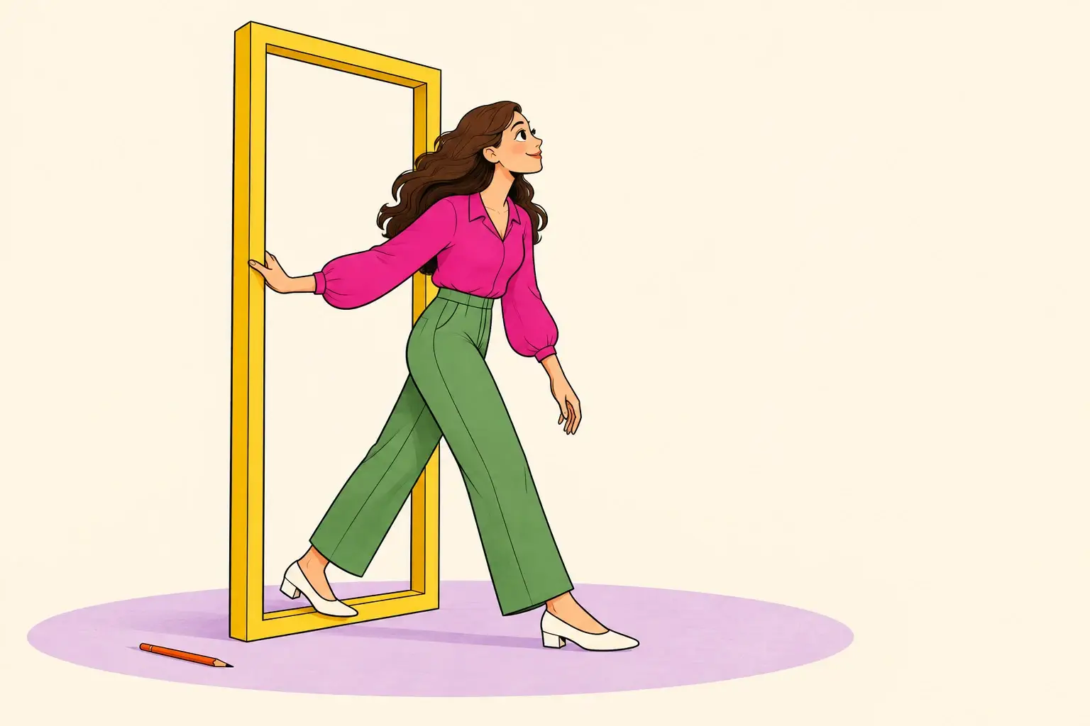 A woman in magenta and green steps through a yellow picture frame above a lilac floor.