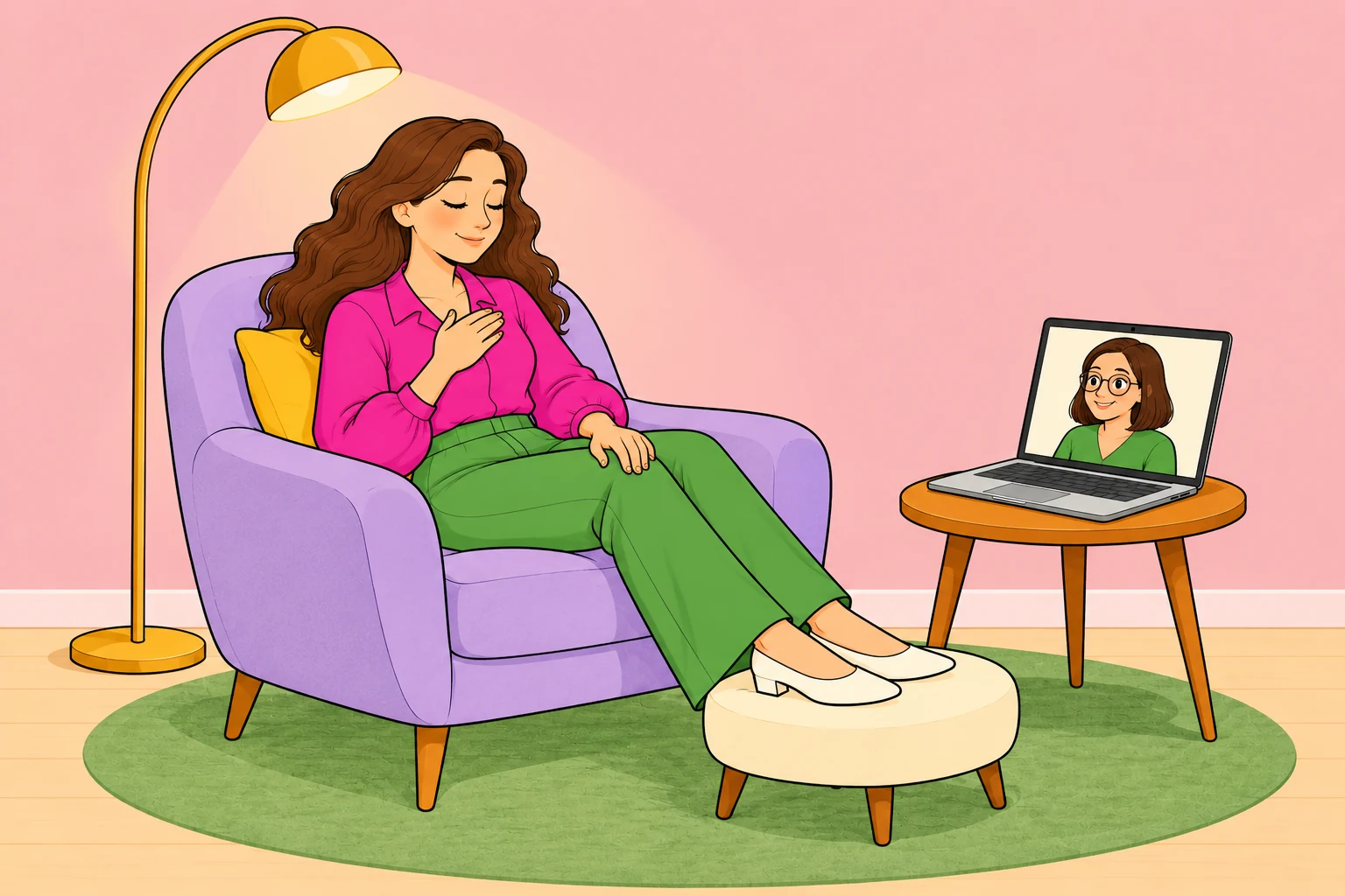 A woman rests in a cosy lilac chair during guided imagery with her therapist online.