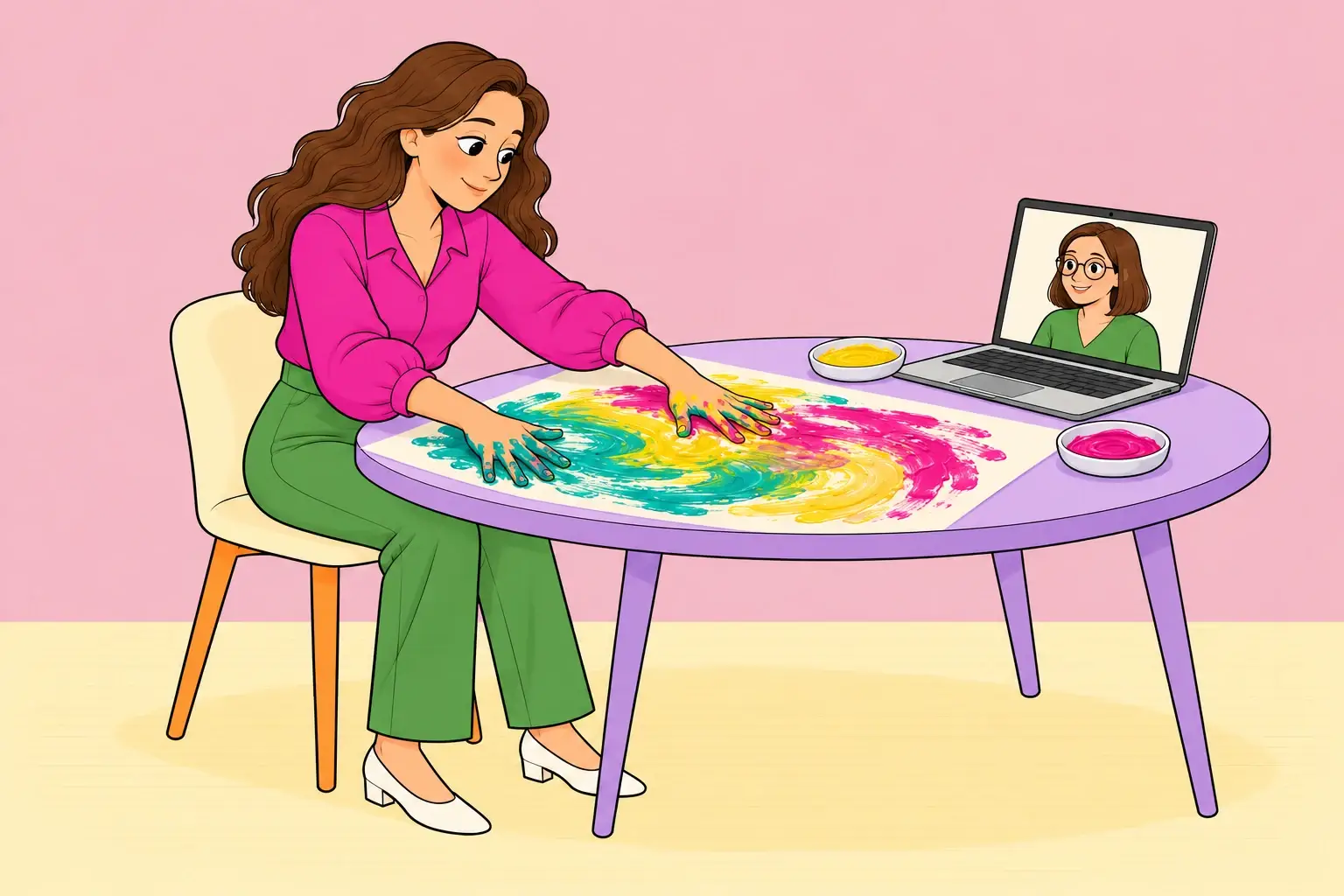 A woman moves both hands through wet paint during an online session with her therapist.