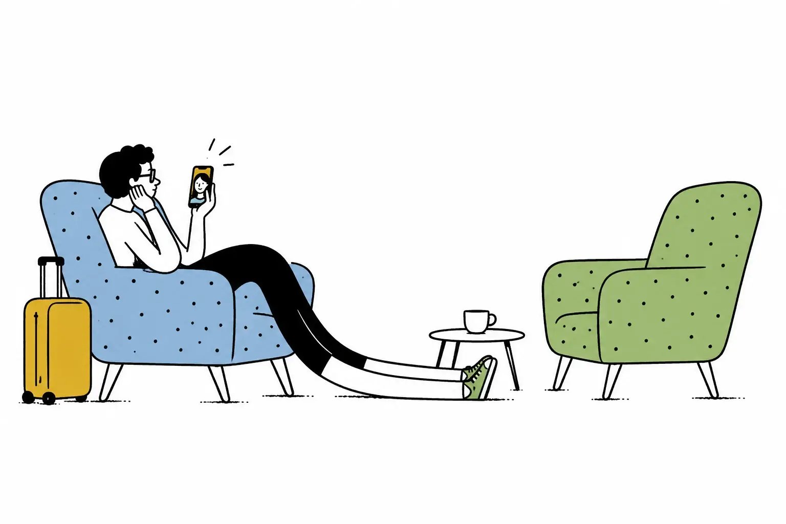An adult in a blue chair calls someone on a phone, beside a suitcase and an empty green chair.