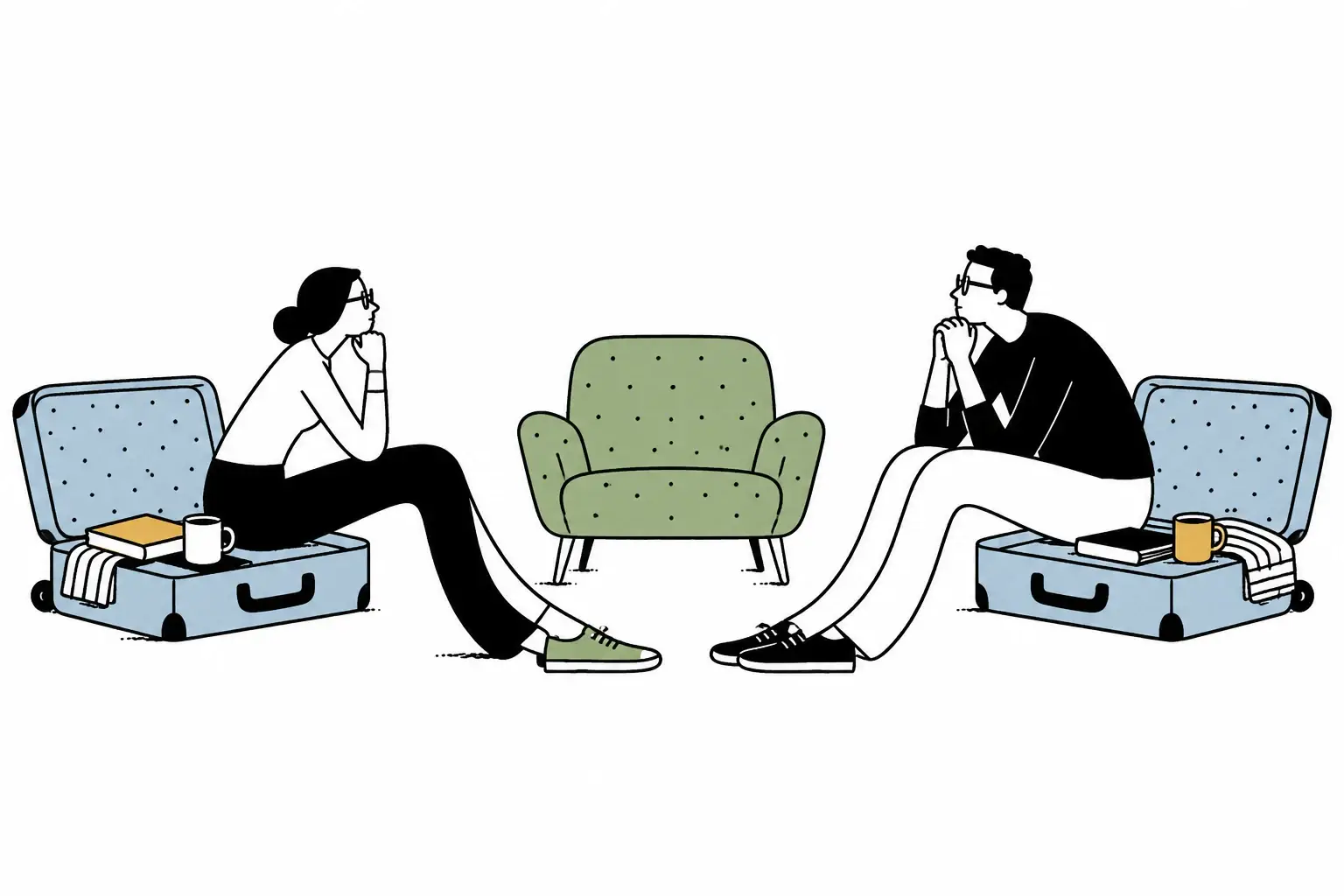 A woman and man sit on open blue suitcases, facing each other with a green chair between them.