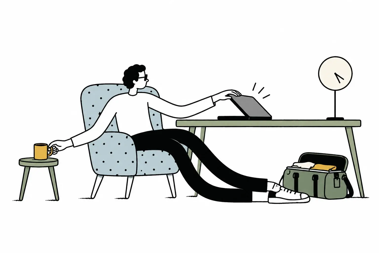 An adult with long limbs closes a laptop at a green desk while reaching for a yellow mug.