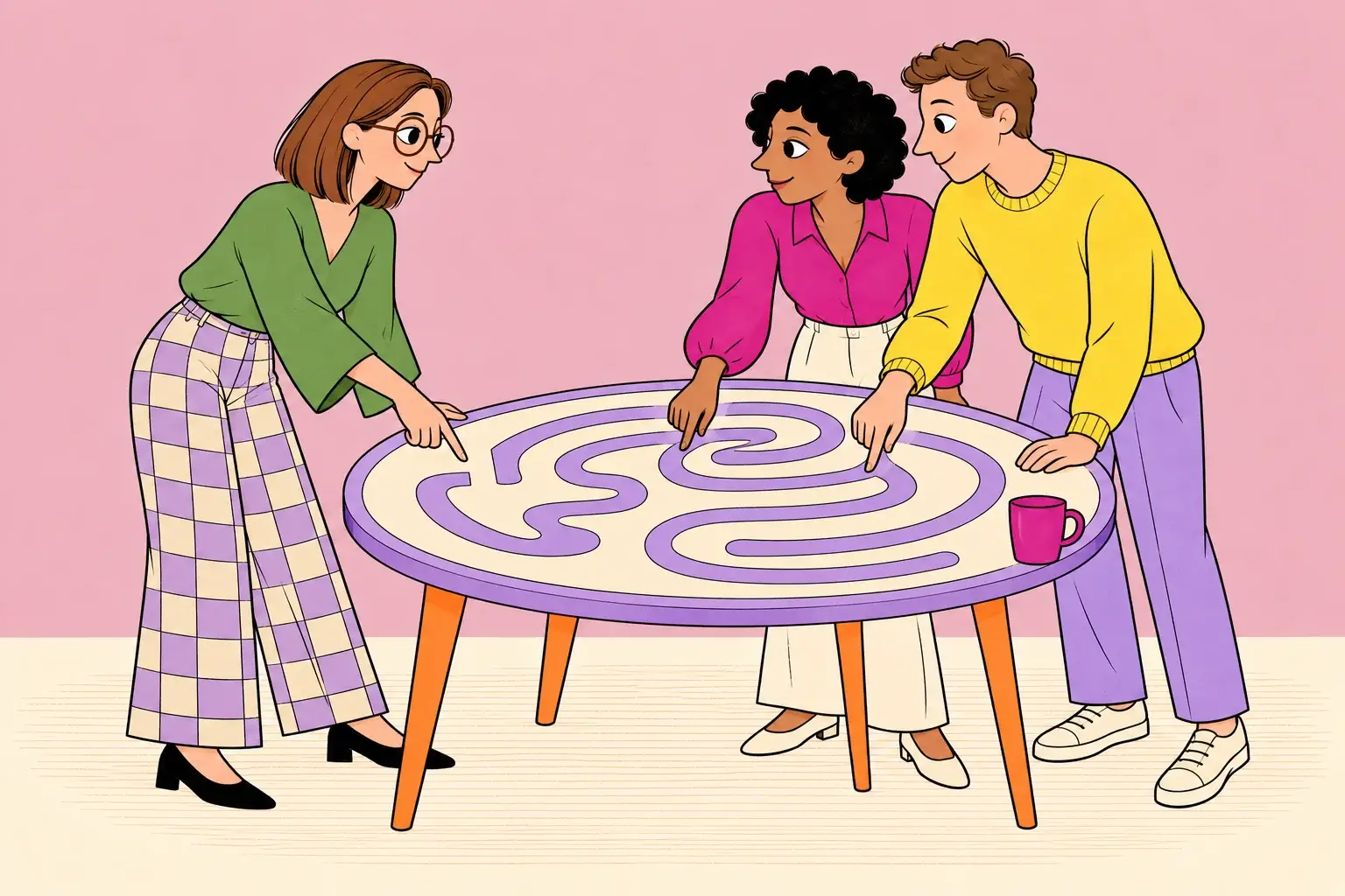 Illustration of a therapist and two partners finding a route through a maze together.
