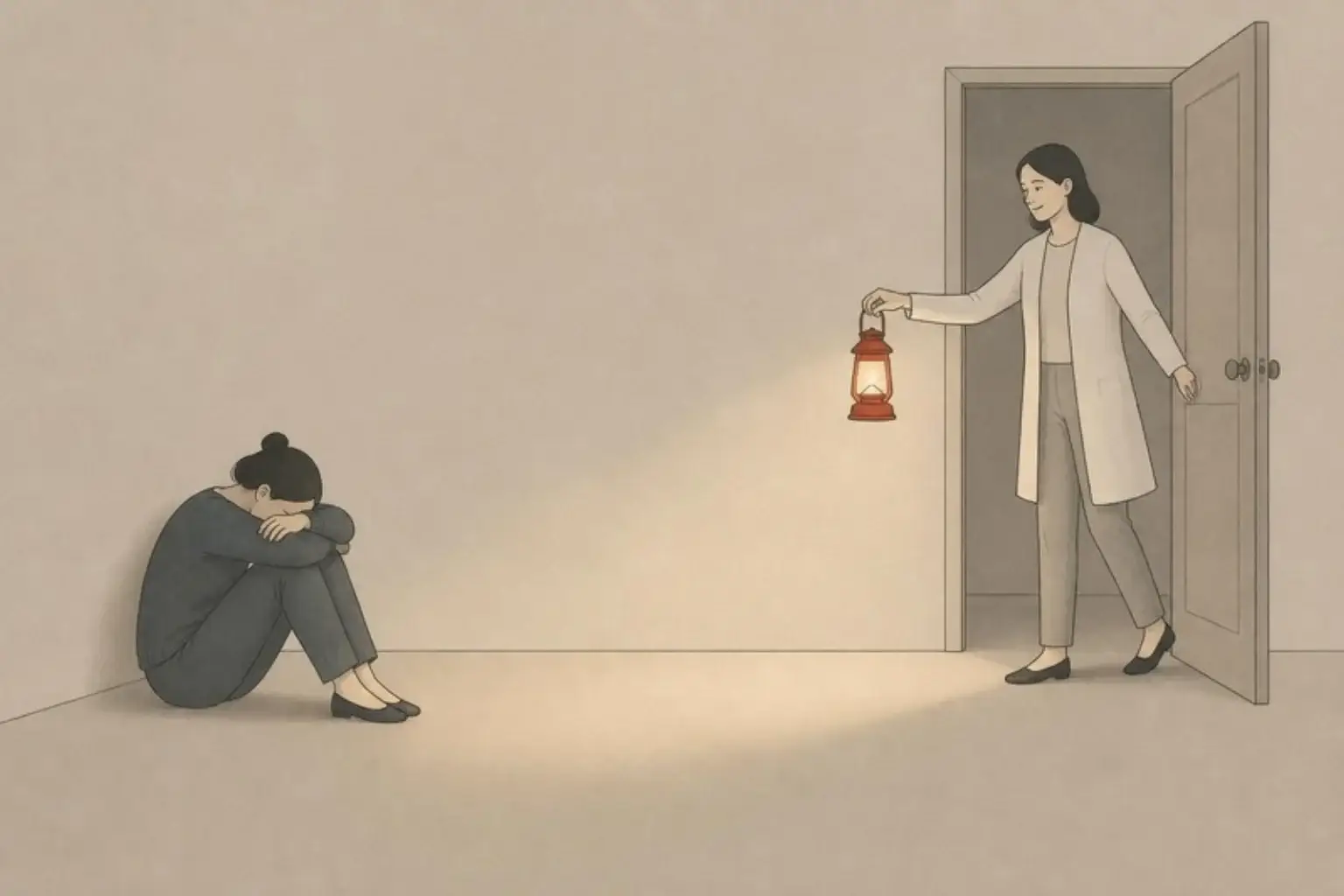 Dark night of the soul: a woman sits on the floor of a dark room while a friend opens the door holding a red lantern
