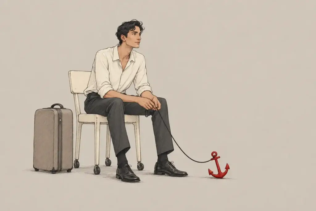 A man sits on a chair with wheels beside a suitcase, holding a cord attached to a small red anchor on the ground.