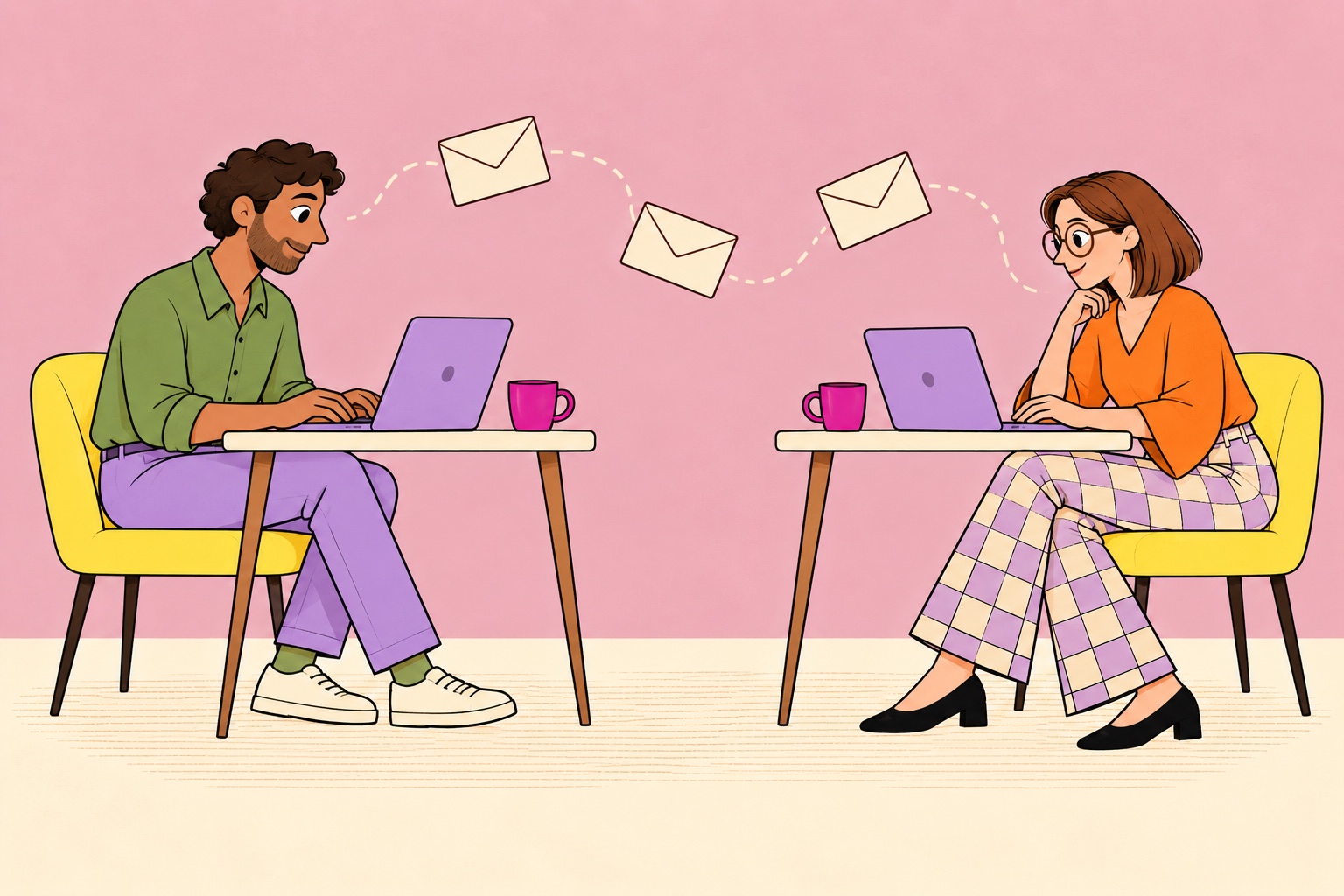 Illustration of a client and counsellor exchanging written messages between their laptops.