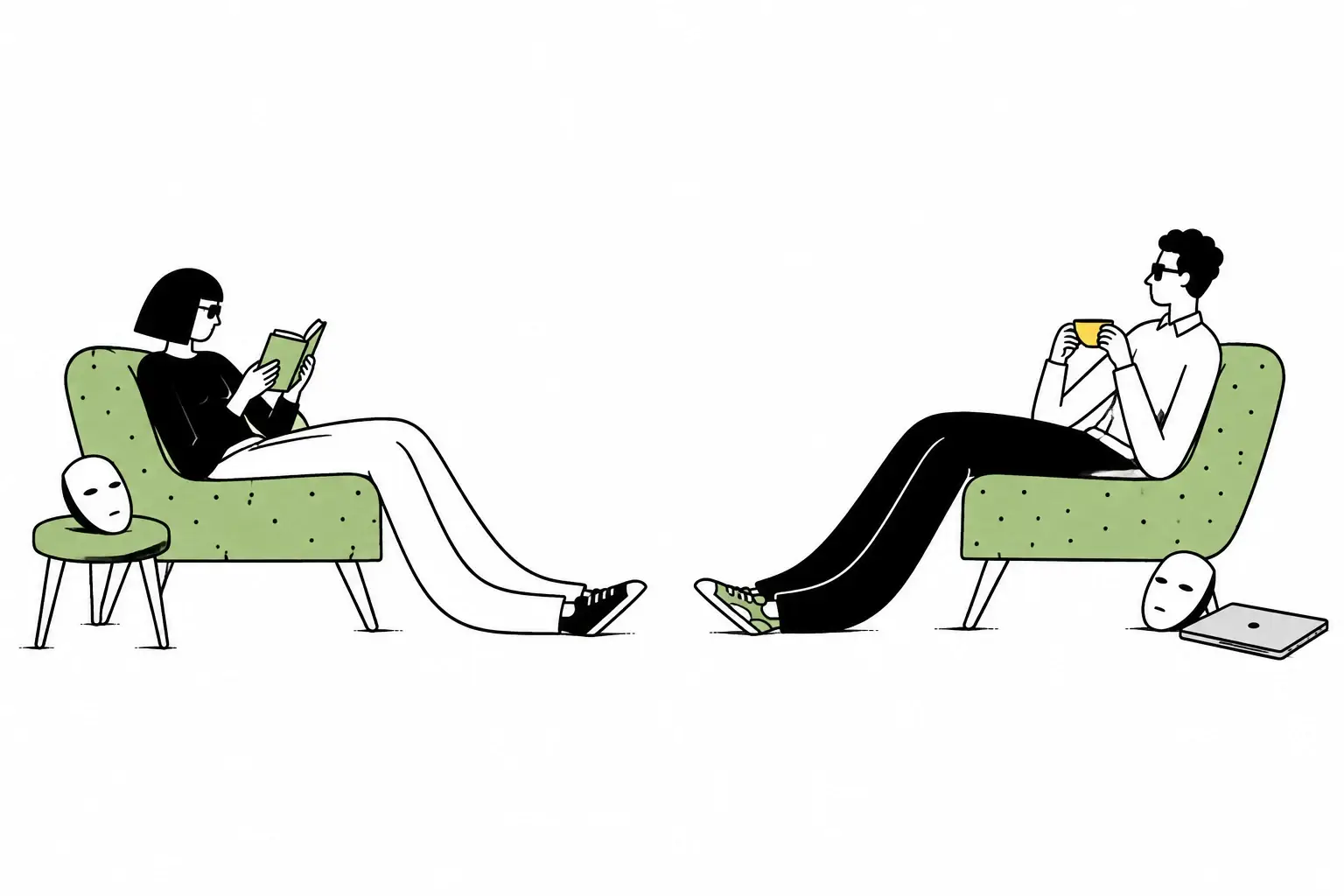 Two adults rest in green chairs, with expressionless masks set aside.