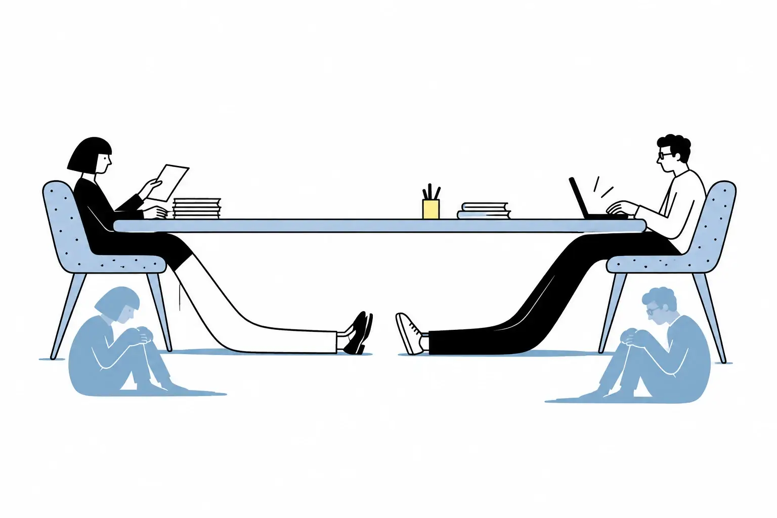 A woman and man work at a long desk while their blue shadows sit curled beneath their chairs.