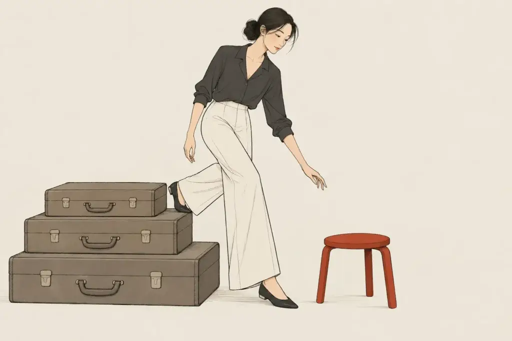 A woman steps down from a staircase of briefcases towards a small red stool.