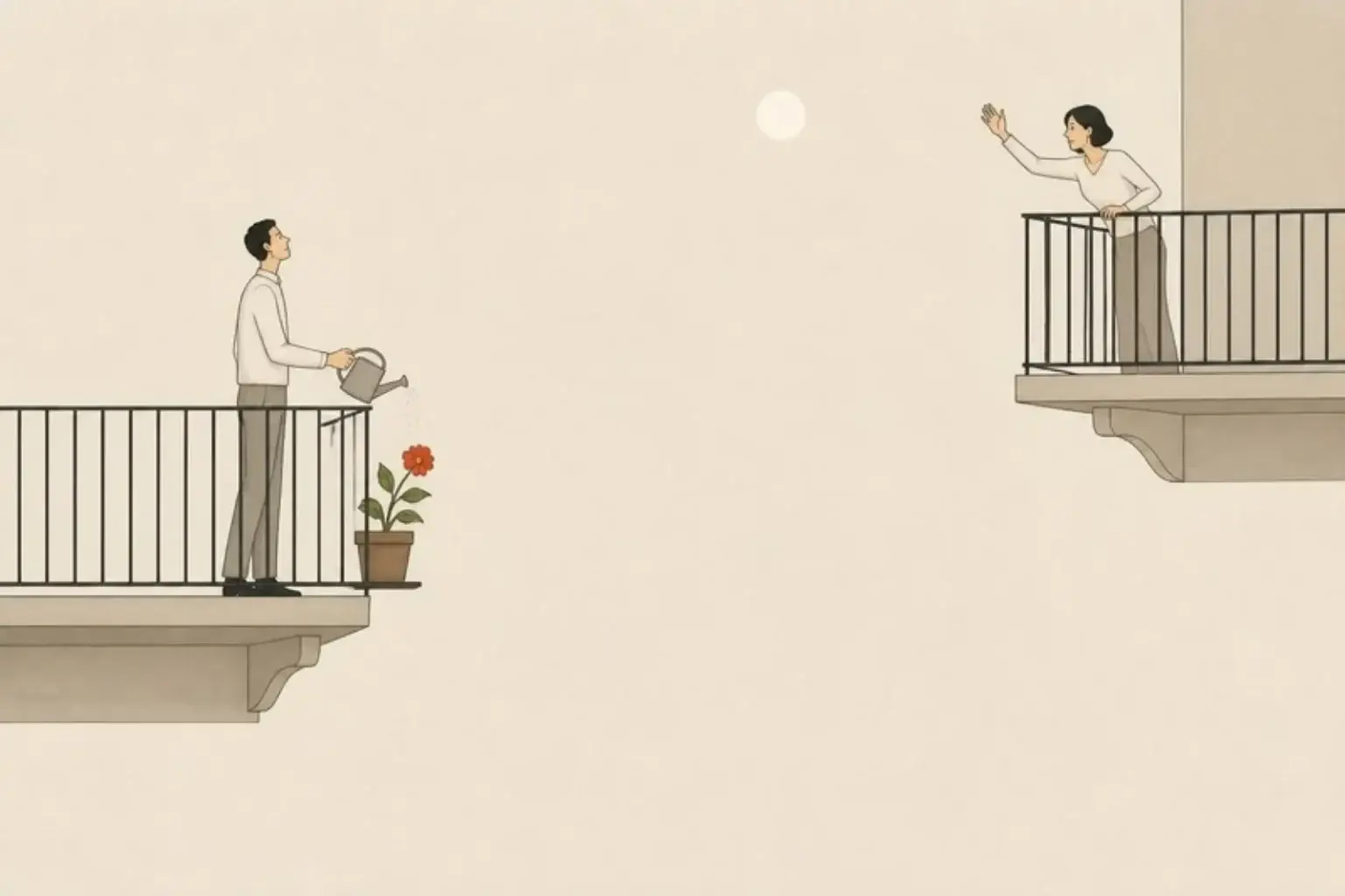 How to cope with loneliness: a man waters a red geranium on a narrow balcony while his neighbour waves from the next balcony