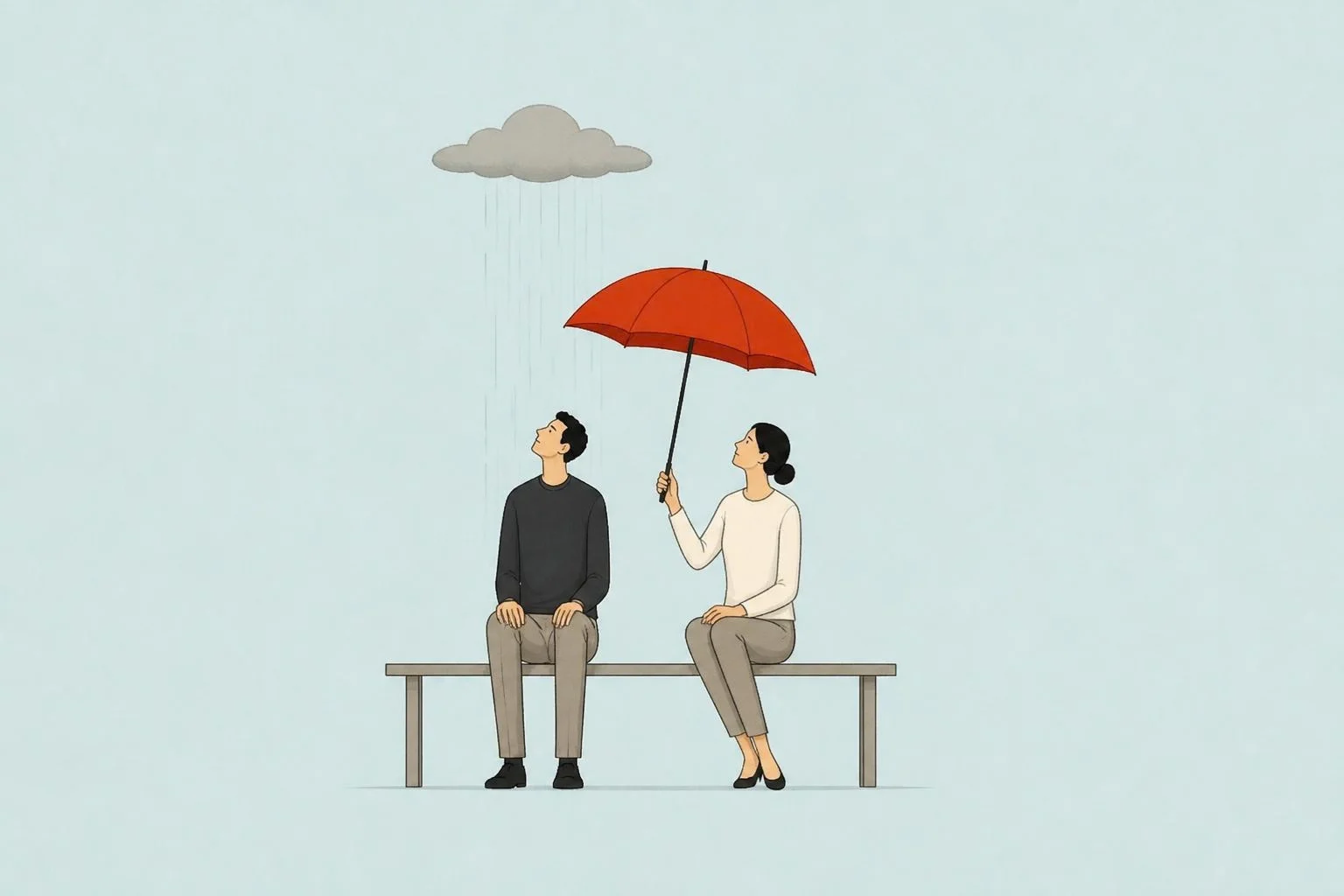 How to support your husband with depression: a wife holds a red umbrella over him beneath his own rain cloud