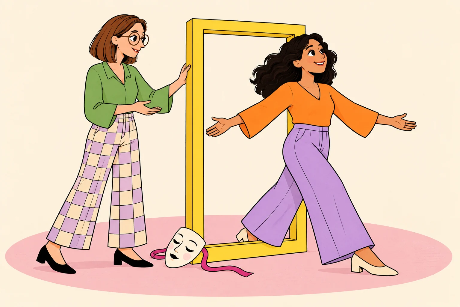 Illustration of a woman stepping through an open doorway while another woman holds the frame.