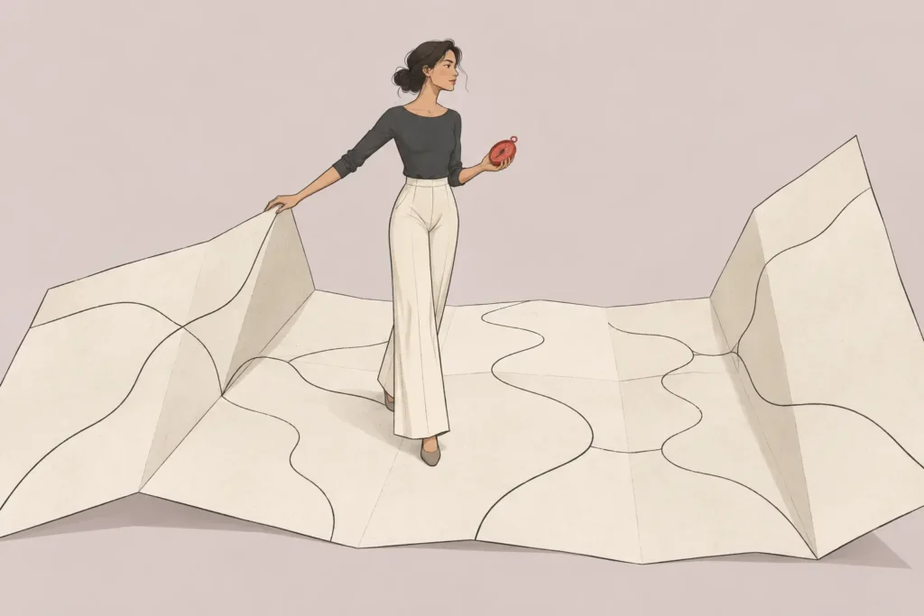 A woman stands within an oversized folded map, lowering one fold while holding a small red compass.