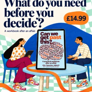 Can We Get Past This? digital workbook after an affair with fillable worksheets, £14.99, illustrated with two adults and mint-green and white checks.