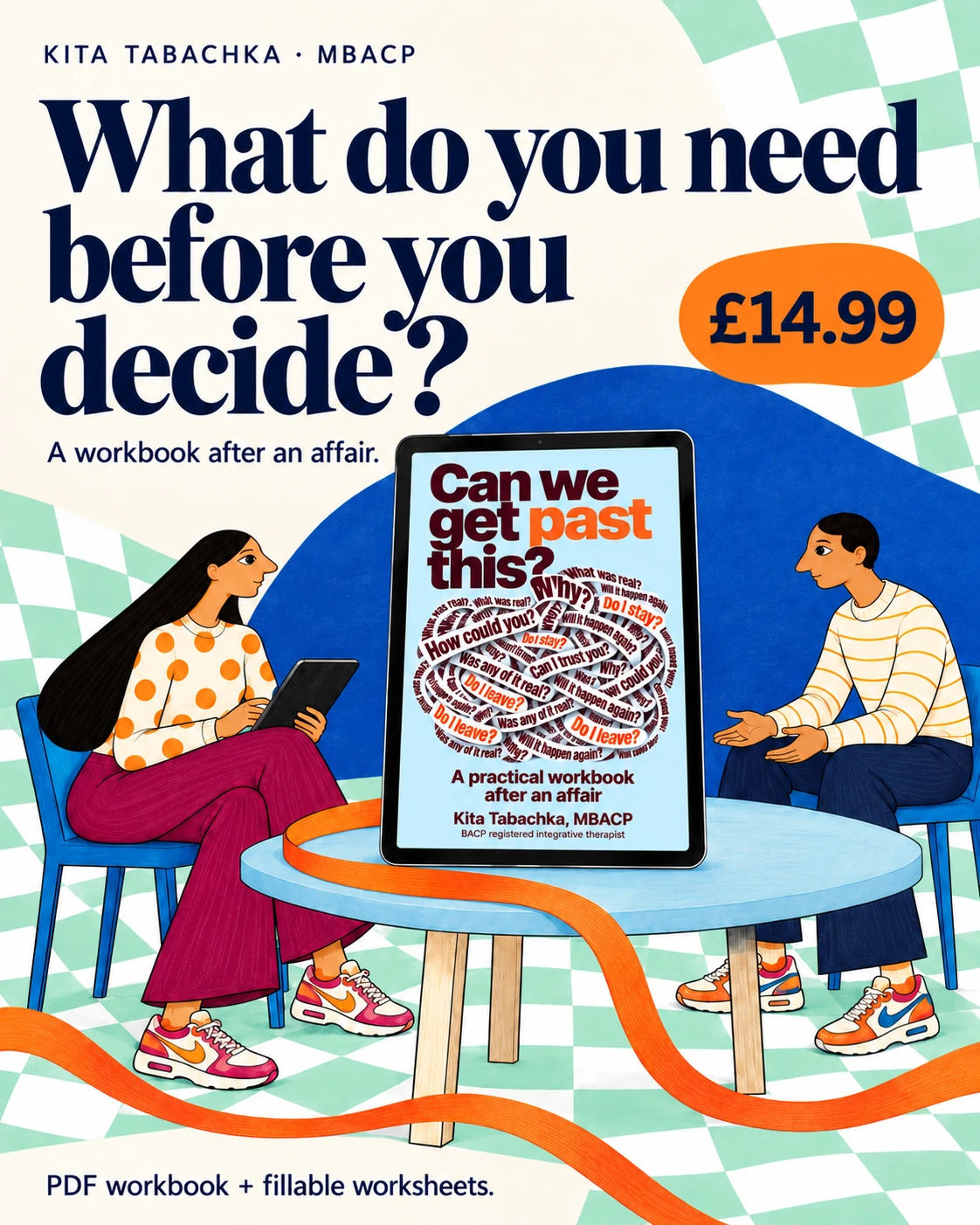 Can We Get Past This? digital workbook after an affair with fillable worksheets, £14.99, illustrated with two adults and mint-green and white checks.