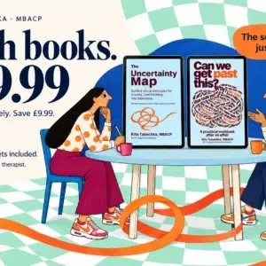 Both PDF workbooks and fillable worksheets for £19.99; £29.98 separately, saving £9.99. Two illustrated readers sit beside the digital covers.