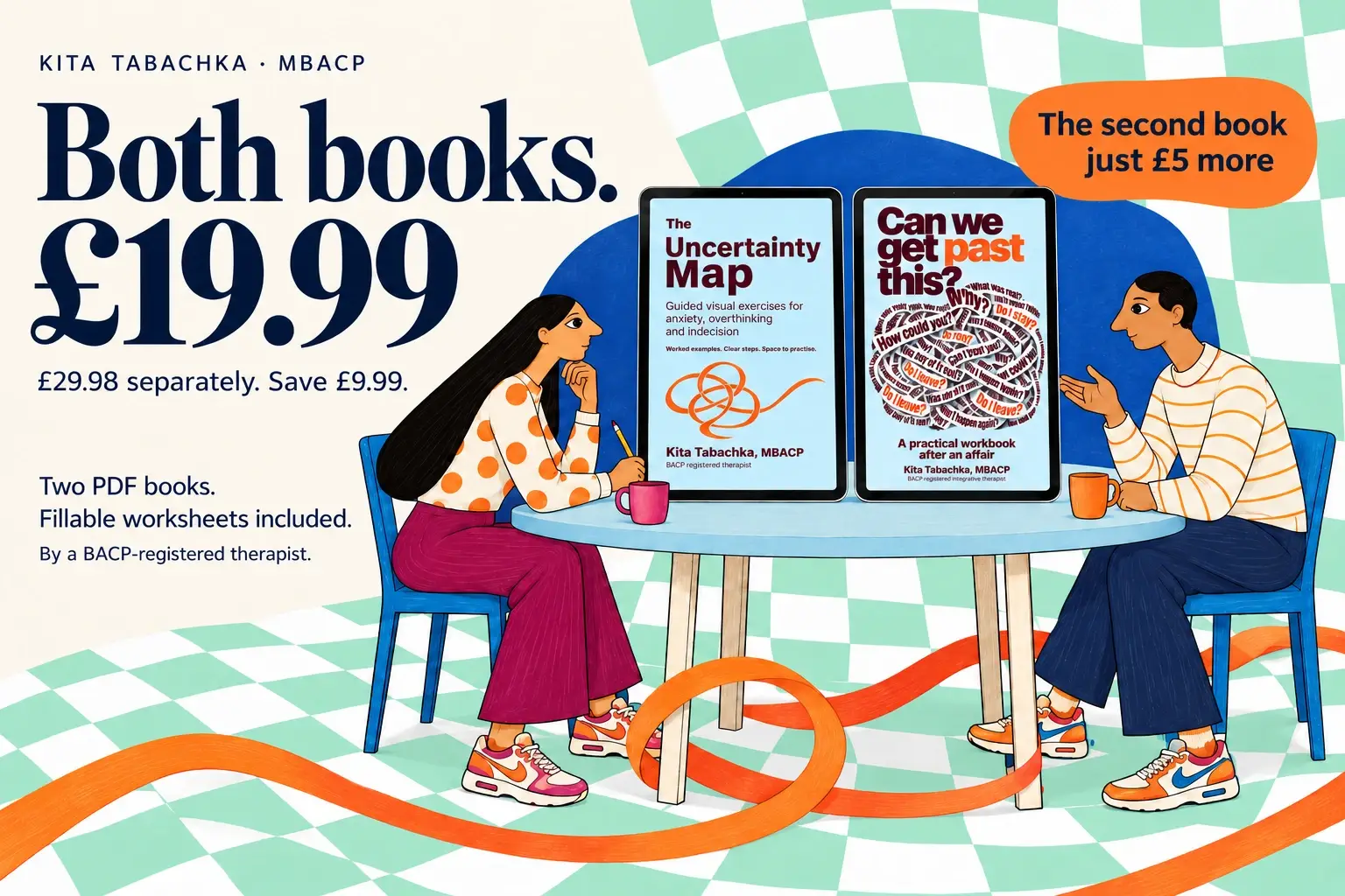Both PDF workbooks and fillable worksheets for £19.99; £29.98 separately, saving £9.99. Two illustrated readers sit beside the digital covers.