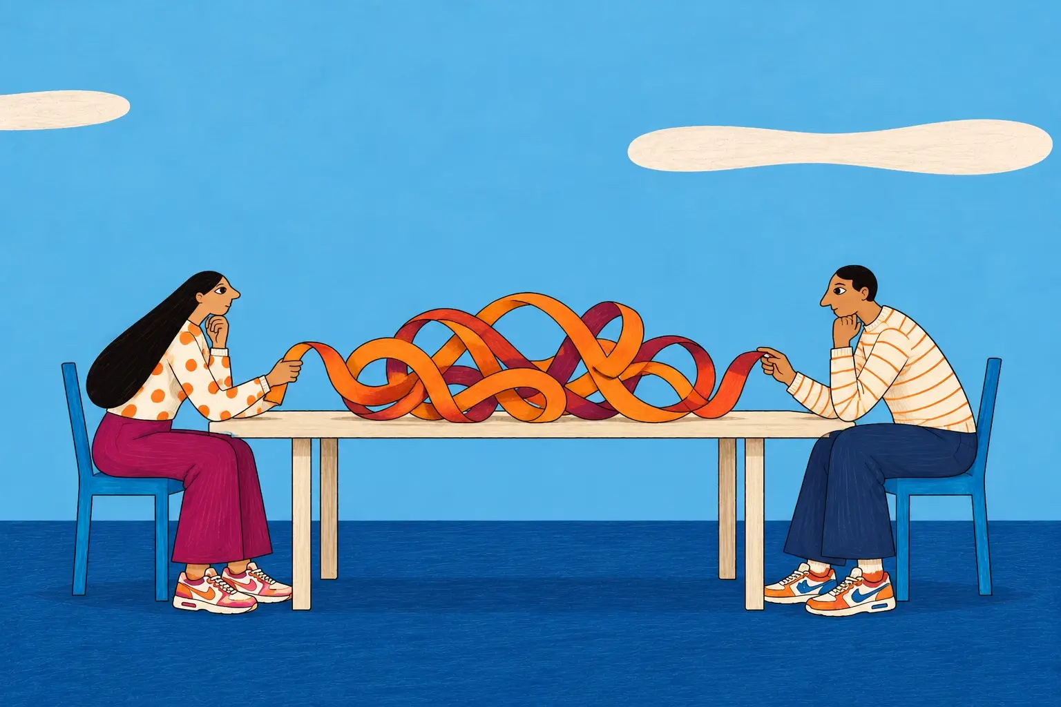 A woman and man sit at a table with a tangled ribbon between them.