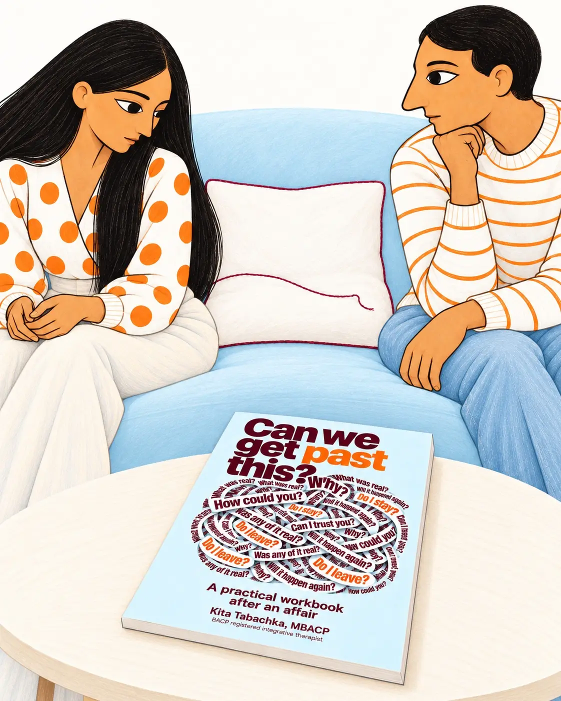 A couple sitting on a blue sofa with Can We Get Past This? on the table.