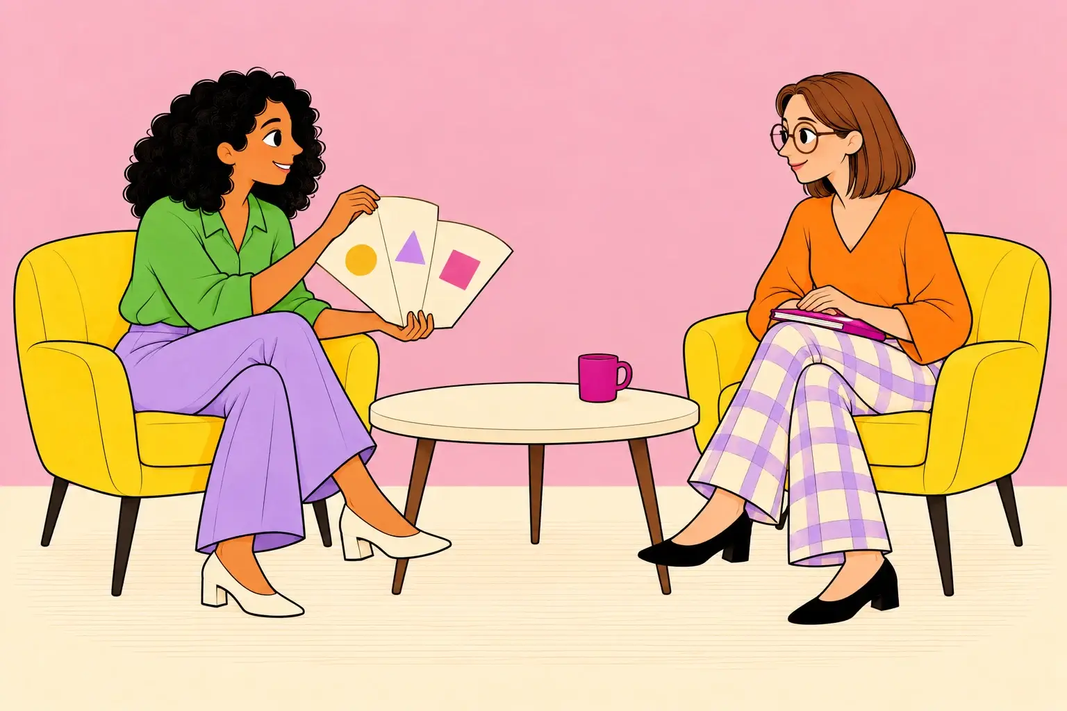 Illustration of a woman unfolding a large sheet of paper while a counsellor listens across a small table.