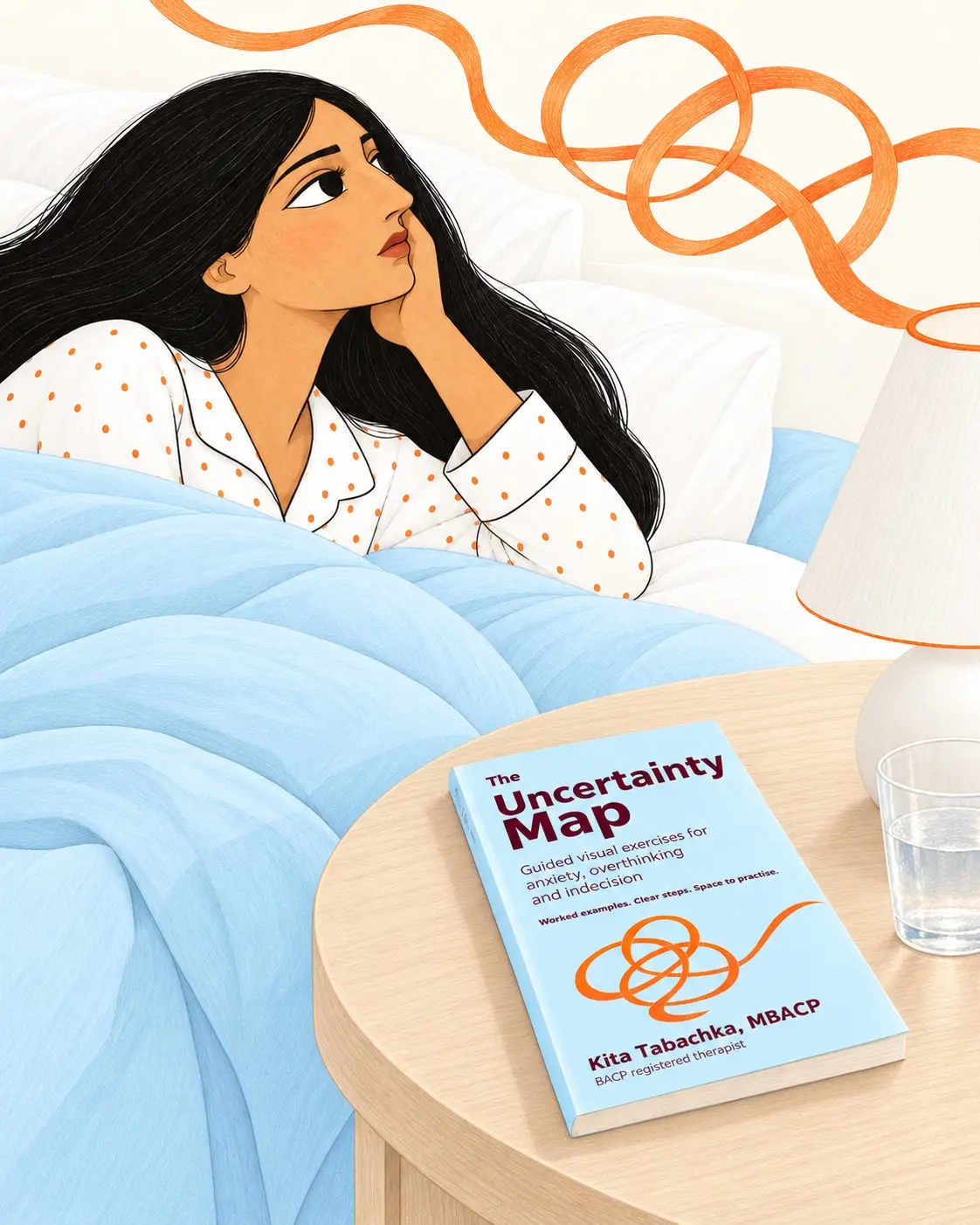 A woman awake in bed with The Uncertainty Map beside her.