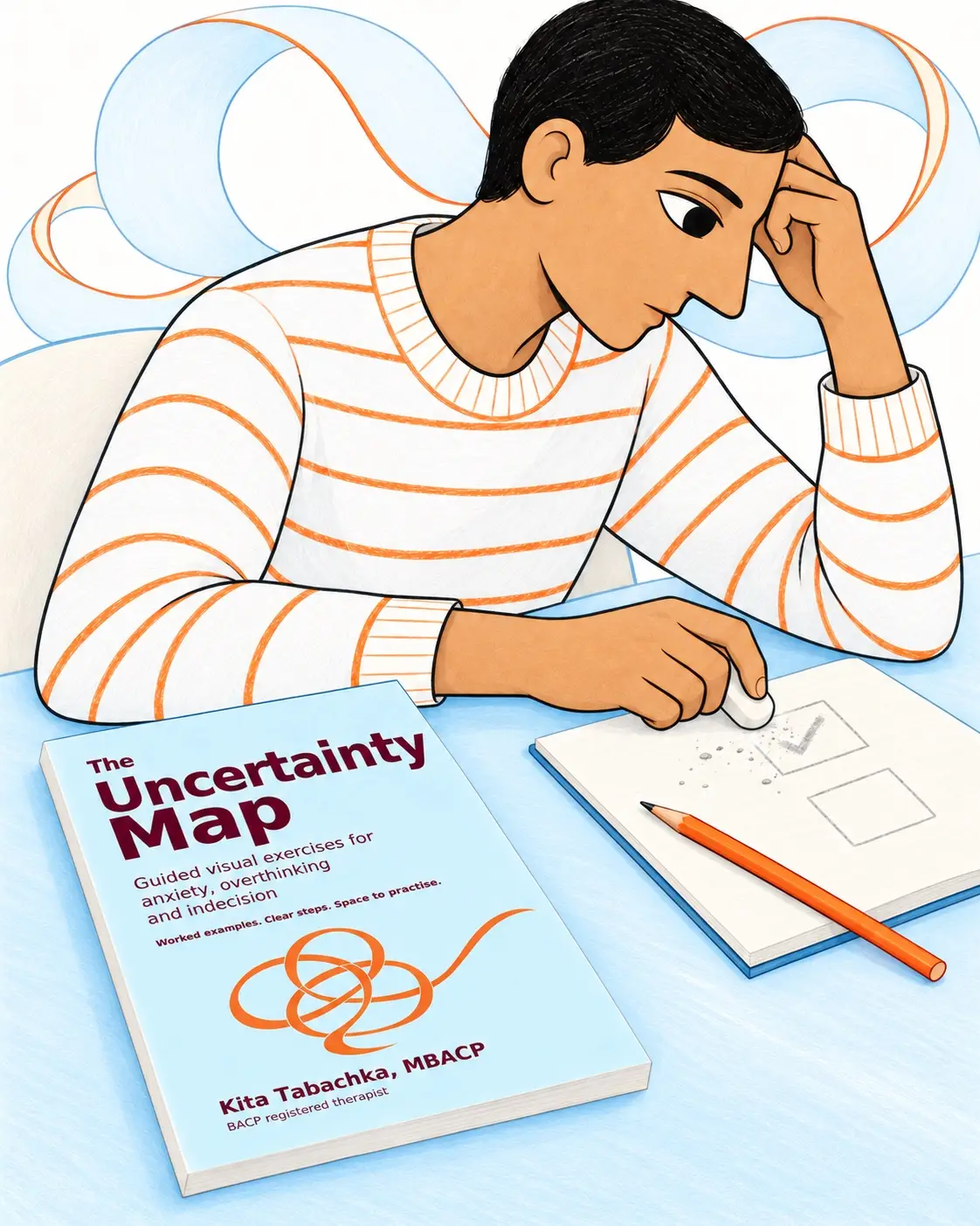 A man erases a choice on a worksheet beside The Uncertainty Map.