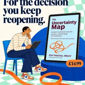 The Uncertainty Map PDF workbook with fillable worksheets, £14.99, beside an illustrated reader on a mint-green and white checkerboard background.