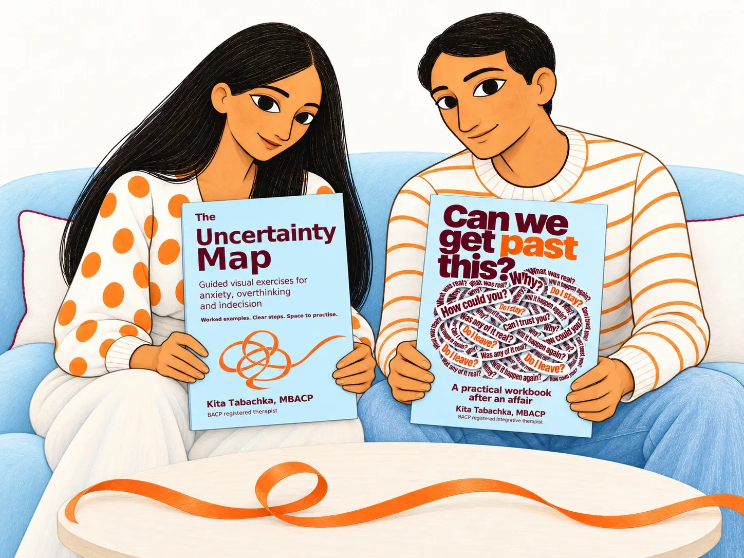 Two illustrated readers holding The Uncertainty Map and Can We Get Past This? together on a blue sofa.