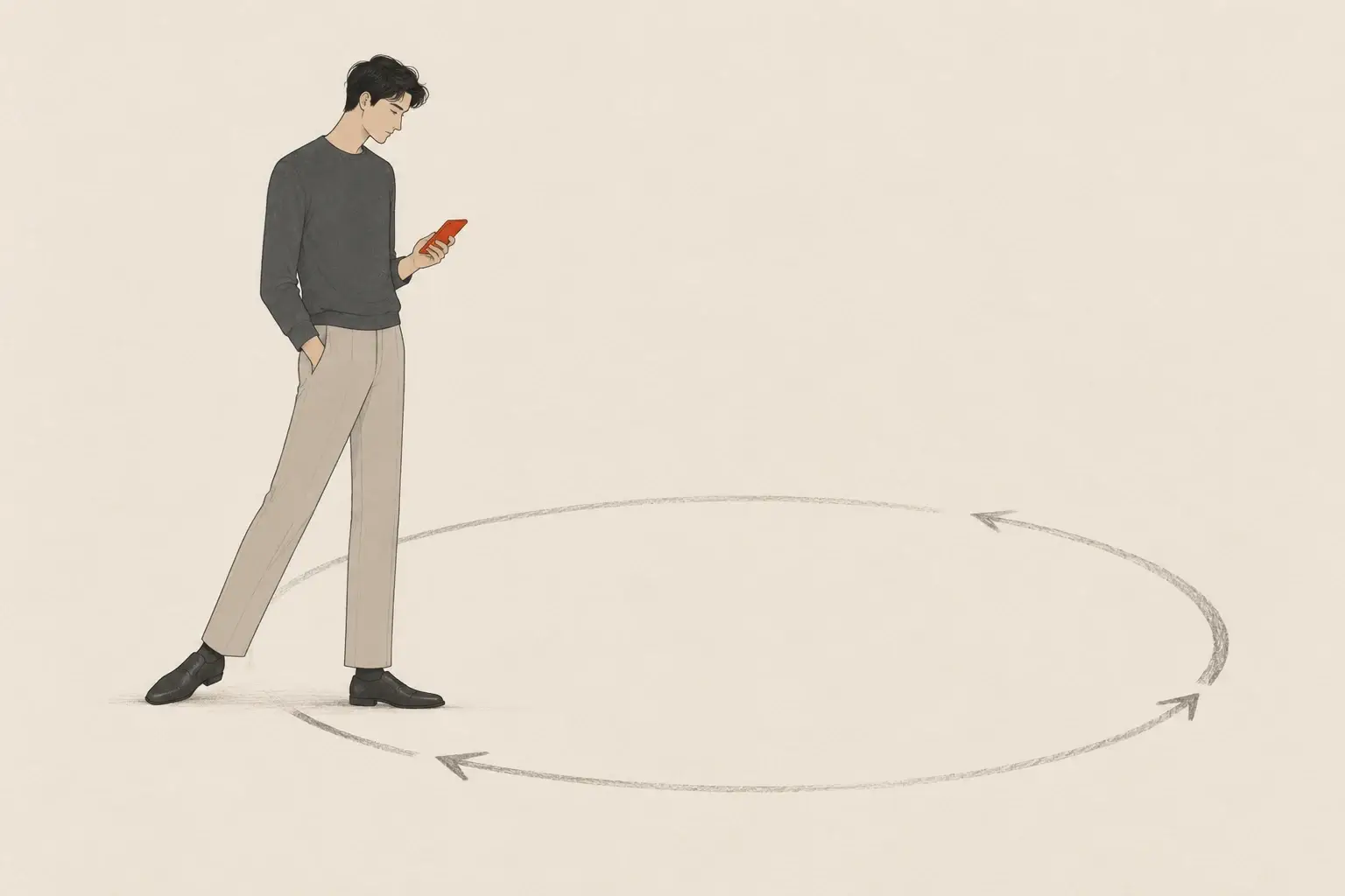 A man looks at a red phone while stepping away from a circular path, illustrating the social-media checking loop.
