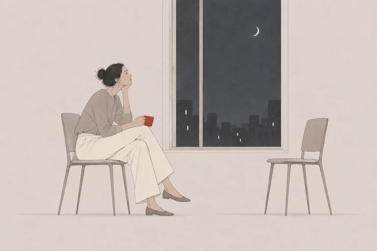 An adult woman holds a red mug beside a night window, with an empty chair nearby.
